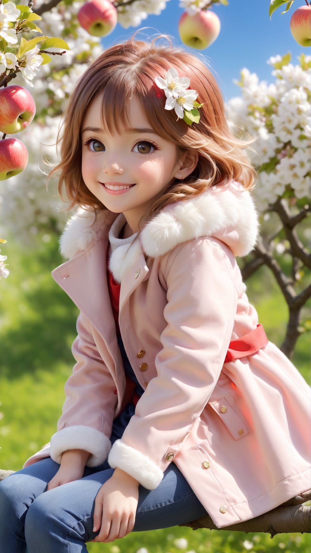 Side view shot, full body, Morning style, sunshine, apple tree, apples full bloom, a cute little girl clear details and charming eyes and wearing light red and white fluffy coat sitting on the brunch looking forward apples, smile happily and enjoy the best moment, depth of field, flowers blooming fantastic romantic bokeh background ,portraitart,xxmix_girl,Anime 