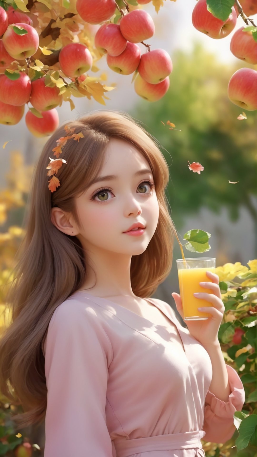 Side view, Autumn style, realistic high quality apple tree, apples full the branch, maple leaves falling, 1girl, big eyes so charming, happy,  under the tree have a table, and apples and beautiful flowers, maple leaves falling, and a adorable lovely cute big charming eyes girl holding juice 
 near flowers, Turn around and look viewers , pink flowers blooming fantastic amazing and romantic lighting bokeh, yellow flowers blooming realistic and green plants amazing tale and lighting as background, Xxmix_Catecat