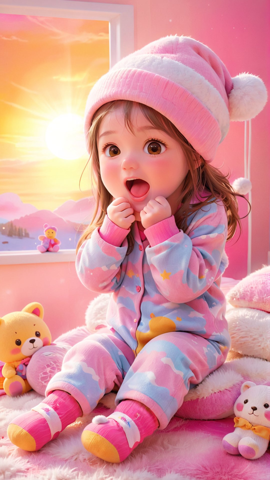 A charming animated scene, a lovely and beautiful little girl yawning widely in the early morning. She is dressed in a cozy pajama set with a warm hat and socks. The background shows a sunrise with vibrant colors of pink, orange, and yellow. There's a soft, fluffy pillow next to her with a favorite stuffed animal. The atmosphere is cozy and comforting, capturing the essence of a child's early morning routine.