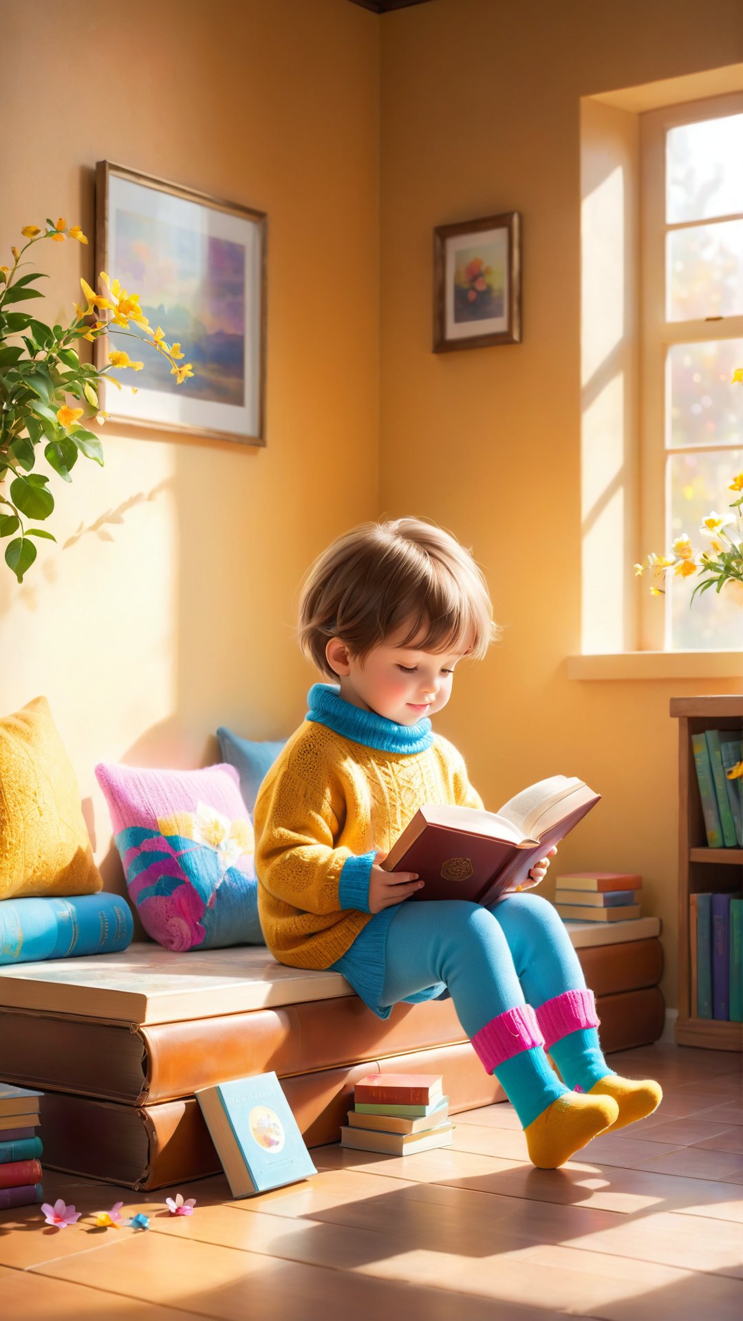 Flowers bloom bokeh background, flowers blooming, painting on the wall, books room, A heartwarming image of a young child sitting on the floor, completely engrossed in a book. The child is wearing a cozy sweater with a pair of colorful socks dangling off their feet. The book they're reading is an old, leather-bound classic with a worn leather cover and frayed edges. The room is bathed in warm, golden sunlight, creating a serene and inviting atmosphere.