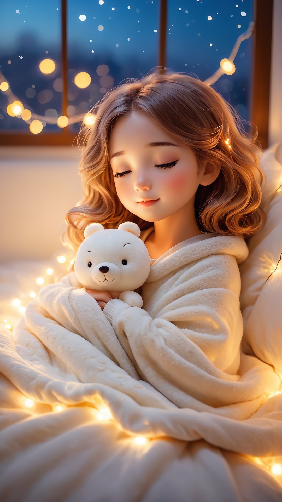 Flowers blooming, Autumn style, ((full body)), cute little girl sleeping comfortably on a bed, covered with a blanket, stuffed animal, string lights on the wall, window, cozy and comforting atmosphere, nighttime, wonder, pixiv, happiness and enjoyment, depth of field, illuminated bokeh background.