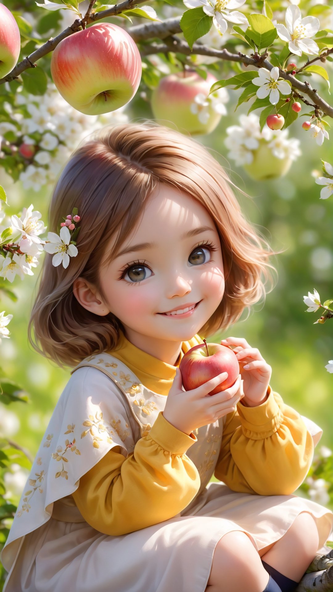 Side view shot, full body, Morning style, sunshine, apple tree, apples full bloom, a cute little girl clear details and charming eyes sitting on the brunch looking forward apples, smiling happily and enjoy the best moment, depth of field, flowers blooming fantastic romantic bokeh background ,portraitart,xxmix_girl,Anime 