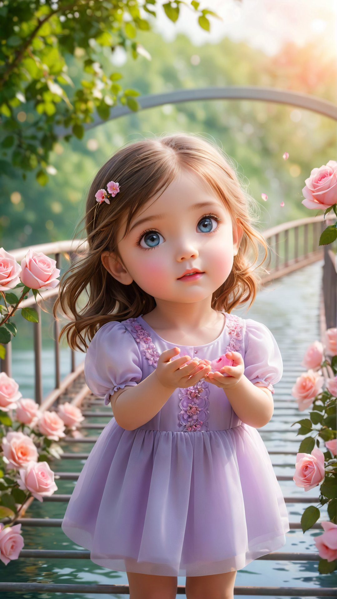 generate 3d image of rose falling from the hands of four year old girl standing in a wired bridge, perfect face and beautiful eyes and the best quality portrait photography, flowers bloom bokeh background, beautiful and fantastic and dreamy, dreamy romantic scene style, depth of field.,DonMM1y4XL