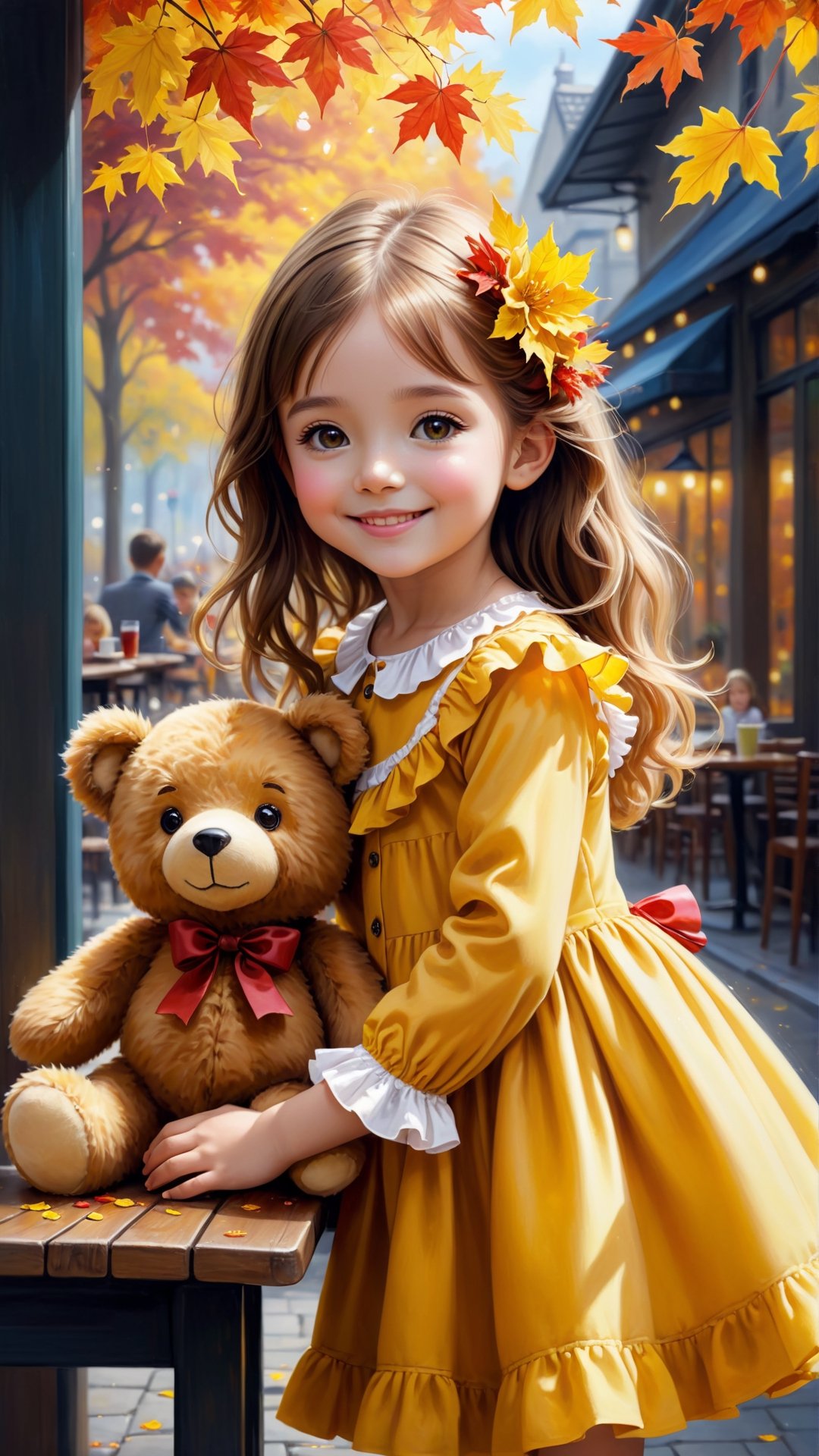 ((masterpiece), (best quality), (highly detailed)), Side view shot, Autumn style, flowers blooming, maple leaves falling, flowers petals falling too, full body, smiling, A cute little girl with long hair wearing bright yellow colour Ruffles shirt in the out door café drink juice and hug a teddy bear is the subject of this beautiful painting. The artist has created a realistic and detailed portrayal of a cute girl, showcasing their expertise in 4K digital art. The painting captures the essence of the little girl's features, bringing them to life with stunning realism. The use of oil adds to the beauty and richness of the portrait, making it a magnificent and visually captivating piece. This realistic and detailed oil painting is truly a work of art. flowers blooming and lighting bokeh as background