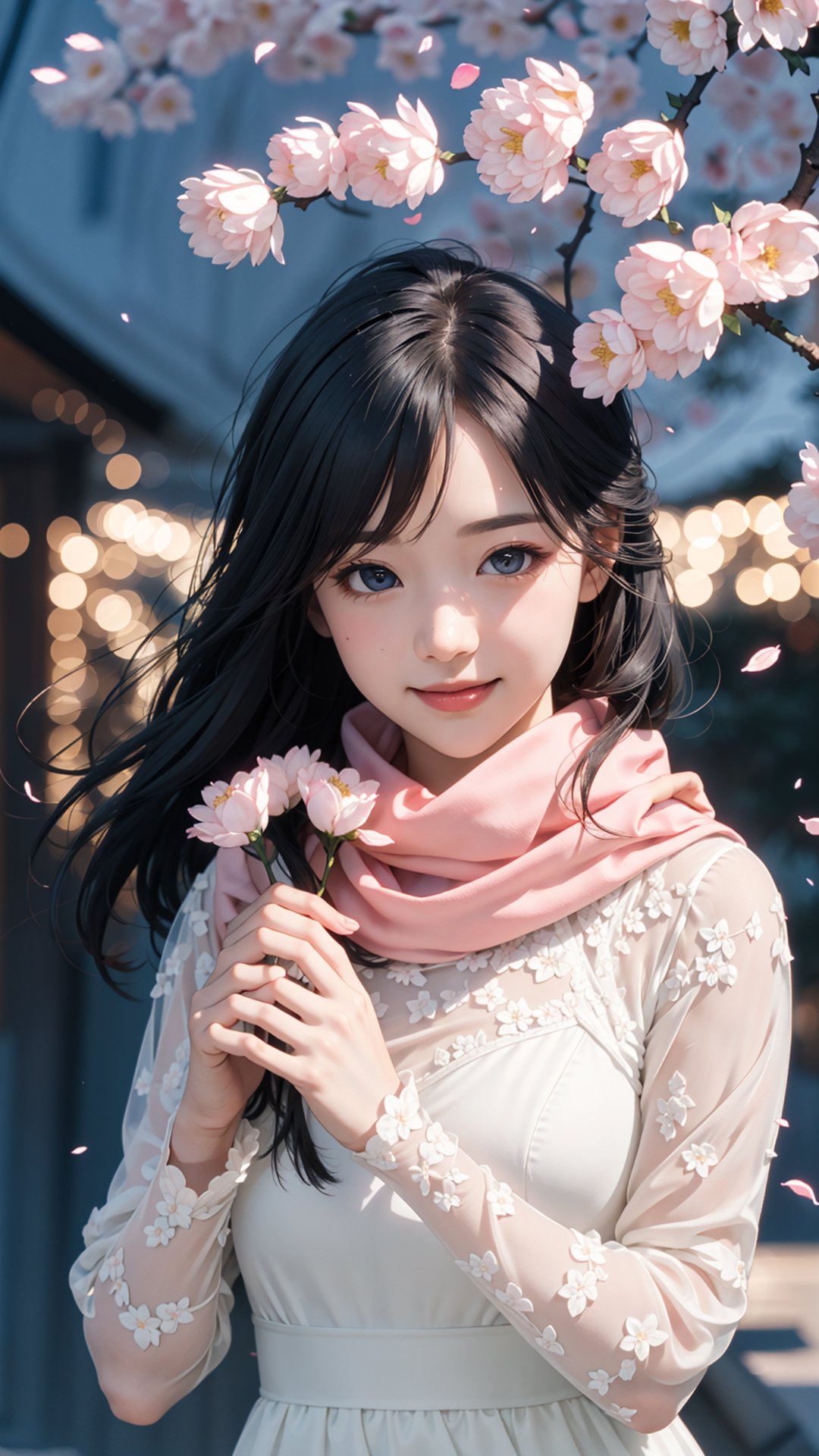 (best quality, masterpiece:1.2),ultra detailed,(photo realistic:1.4), Autumn style, solo, lovely and cute little girl, big eyes so chaiming, smile and happy, lace long sleeves pink and white dress, and wearing pink scarf, night , moon lighting soft and romantic , flowers petals falling, so romantic, beautiful village, flowers blooming fantastic amazing tale on the village bank, and blurry_light_background, perfect beautiful portrait photography realistic high quality , flowers blooming, fantastic and dreamy and beautiful images 