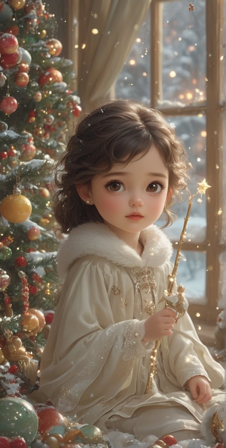 Pixar anime movie scene style, realistic high quality portrait photography, A hyperrealistic photo of an 8-year-old girl with dark chestnut wavy hair and brown eyes. She has a slight smile and is looking directly at the camera. She is sitting by a large window, decorated for Christmas, with snow gently falling outside. The girl wears an ivory dress embroidered with silver snowflakes and a light fur cape on her shoulders. She holds a sparkling wand with a star at the end, surrounded by shimmering gifts and colorful ornaments. The background features soft glowing Christmas lights, creating a cozy and magical atmosphere.