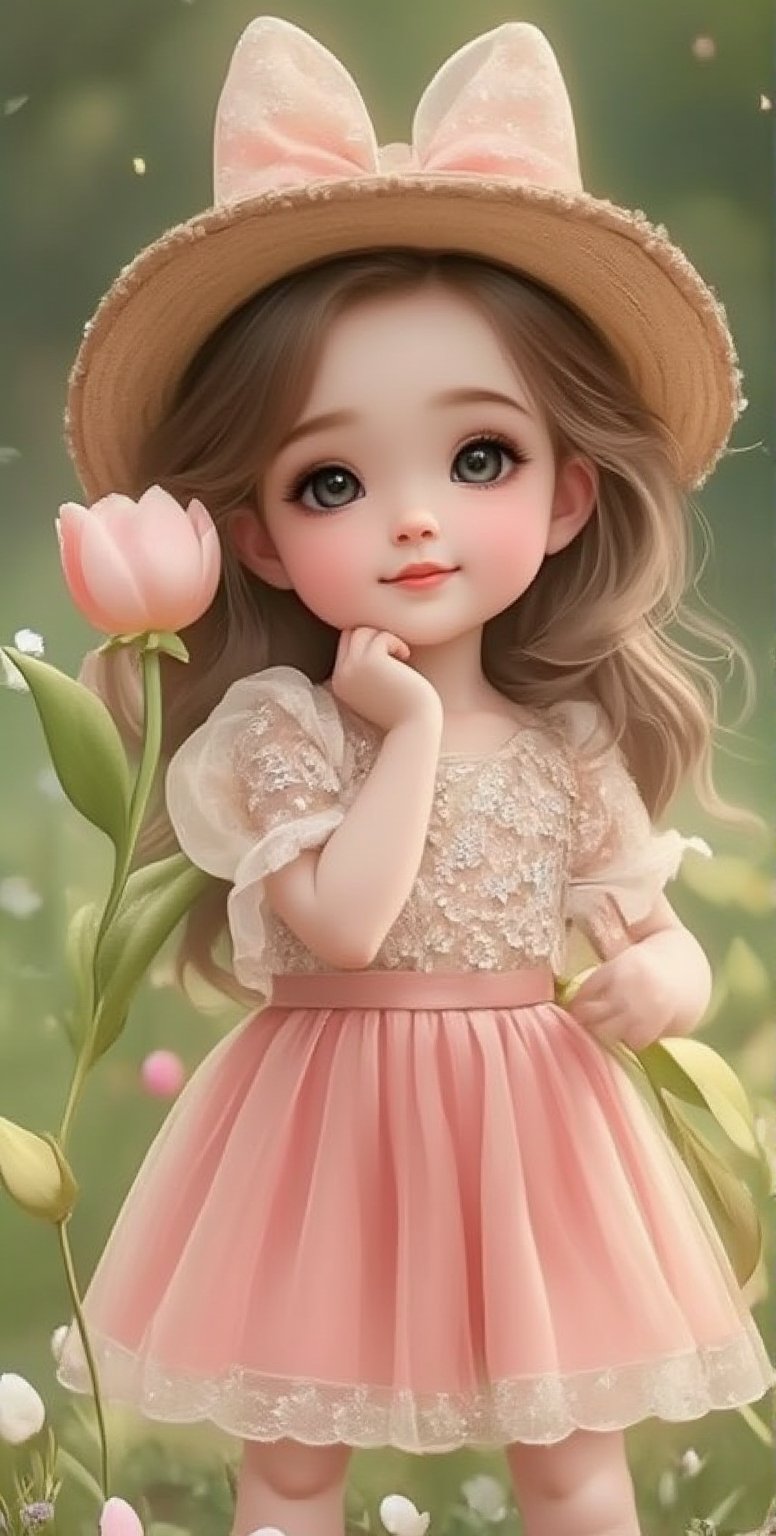 the beautiful round eyes so charming and adorable little girl's hand holding the flower nice photo 