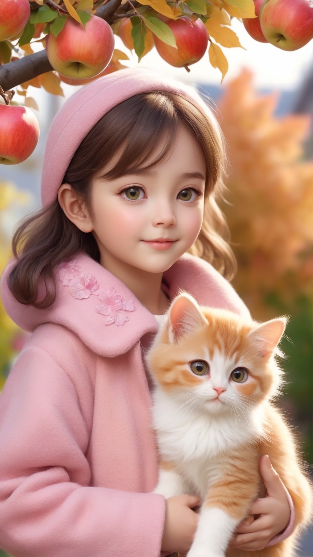 Side view shot, Turn around and look ahead, A beautiful big eyes and adorable little girl with two cute little fluffy fat kittens wearing pink coat walking on the apples tree branch from the treeand street, smiled happily, Autumn style, realistic high quality orange tree, apples full the branch, maple leaves falling, big eyes so cute and beautiful, under the tree have a table, and apples and beautiful flowers, maple leaves falling, orange near flowers, Turn around and look viewers , pink flowers blooming fantastic amazing and romantic lighting bokeh, pink flowers blooming realistic and green plants amazing tale and lighting as background, Xxmix_Catecat