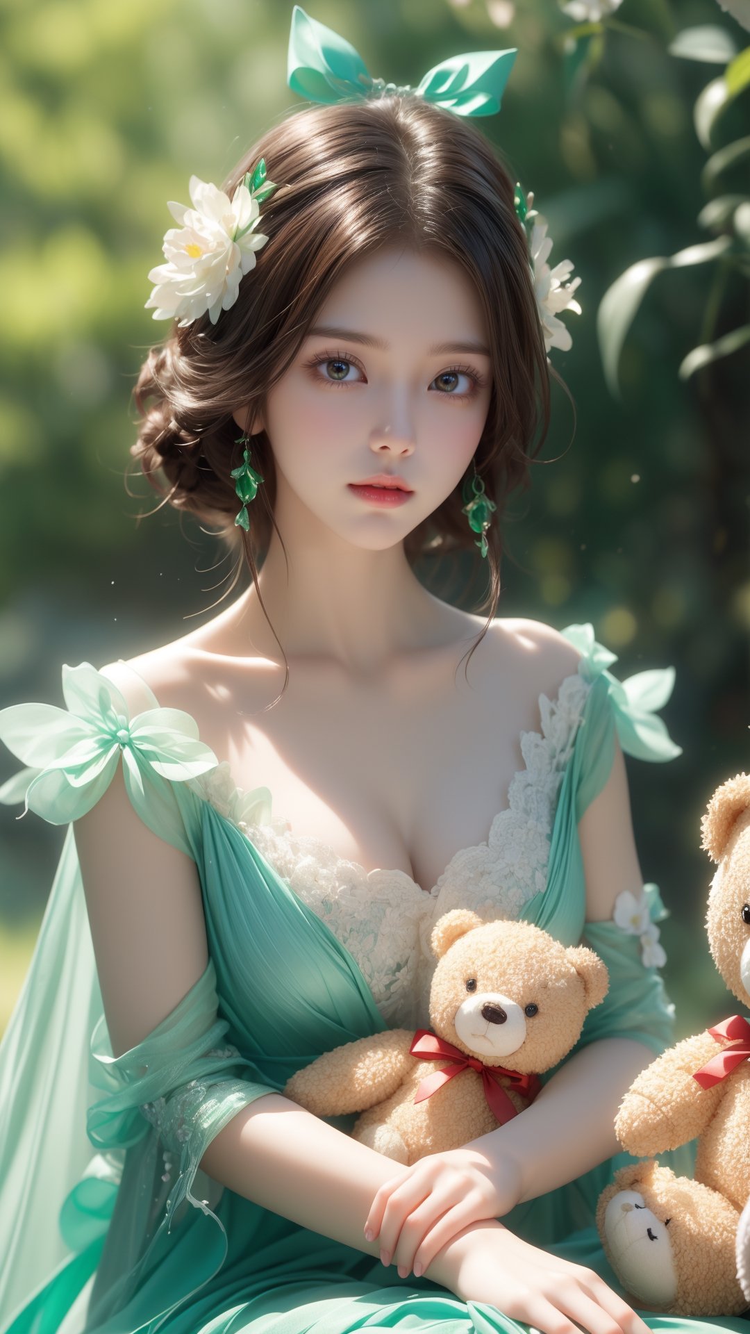 Flowers blooming fantastic amazing style, Ipad wallpaper white and 4 brown teddy bears sitting, in the style of whimsical anime, green and emerald, i can't believe how beautiful this is, dreamlike naturaleza, oshare kei, balance, charming realism, depth of field