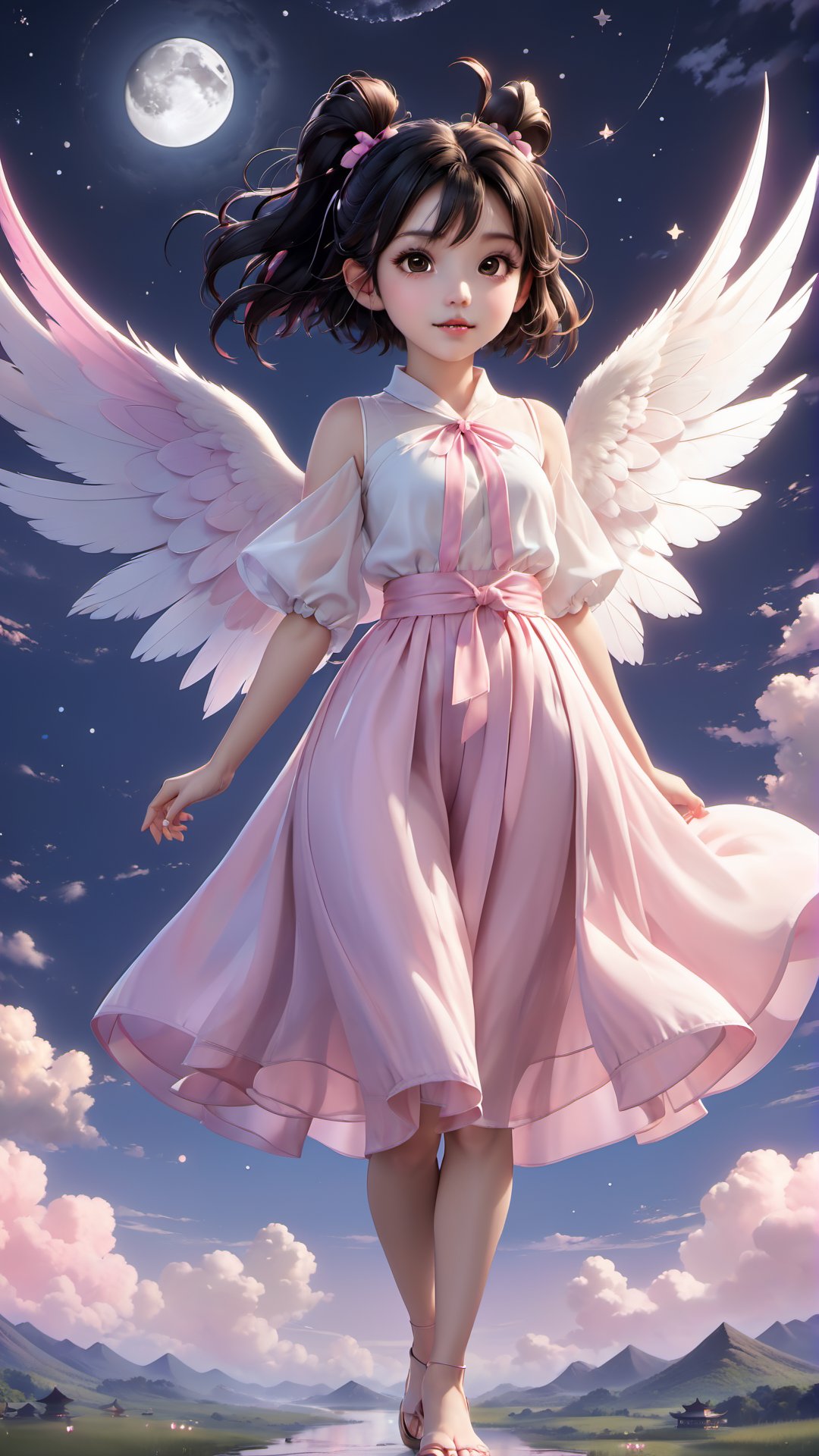 1girl, solo, looking at viewer, short hair, black hair, twintails, brown eyes, full body, parted lips, Pink and white, wings, sky, barefoot, star \(symbol\), blurry, black eyes, double bun, night, moon, outstretched arms, child, night sky, full moon, hair rings, flying, fairy wings, fairy, architecture, east asian architecture