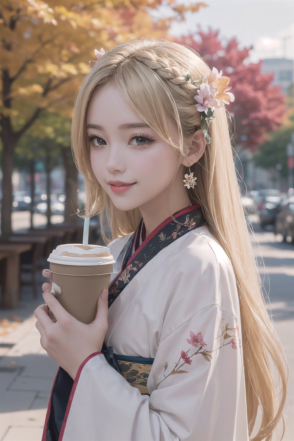 (Masterpiece, Top Quality, Best Quality, Official Art, Autumn,outdoor cafe, Side view, drink coffee, Turn around and look,blonde girl, Beauty and Aesthetics),, Cute, Smile, adorable, Extremely Detailed, Abstract, Fractal Art, Long Hair, Destiny Series, Colorful, Most Detailed, flwoers blooming, soft lingt bokeh background, Jewelry, Hanfu,, landscape, ink, Portrait photograph. flowers blooming bokeh as background