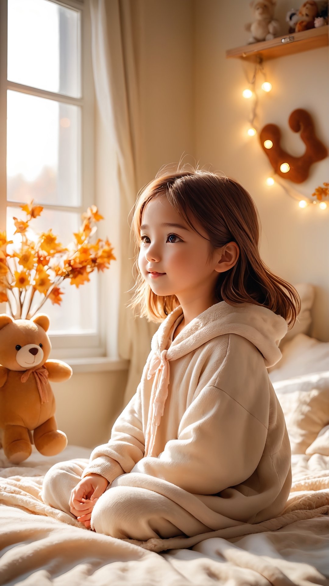 Flowers blooming, Autumn morning style, ((full body)), cute little girl wake up in the beautiful morning comfortably on a bed, covered with a blanket, stuffed animal, string lights on the wall, Sun ray through the window, cozy and comforting atmosphere, morning sunshine, wonder, pixiv, happiness and enjoyment, depth of field, illuminated bokeh background.