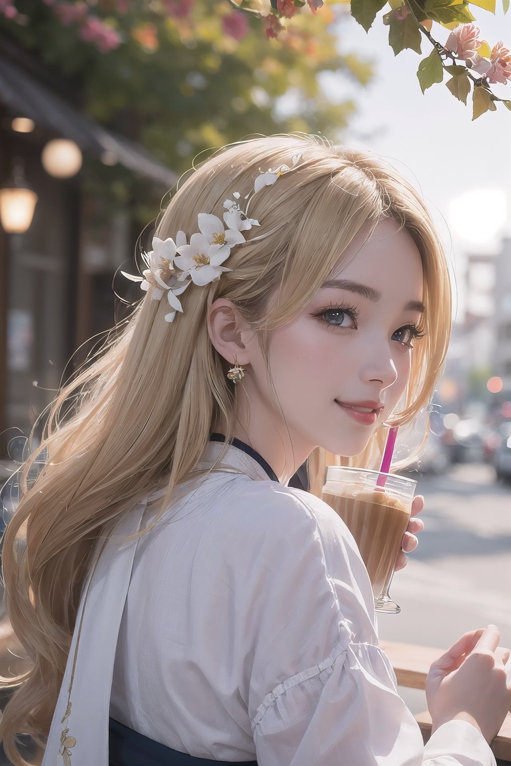 (Masterpiece, Top Quality, Best Quality, Official Art, Autumn,outdoor cafe, Side view, drink coffee, Turn around and look,blonde girl, Beauty and Aesthetics),, Cute, Smile, adorable, Extremely Detailed, Abstract, Fractal Art, Long Hair, Destiny Series, Colorful, Most Detailed, flwoers blooming, soft lingt bokeh background, Jewelry, Hanfu,, landscape, ink, Portrait photograph. flowers blooming bokeh as background, depth_of_field 