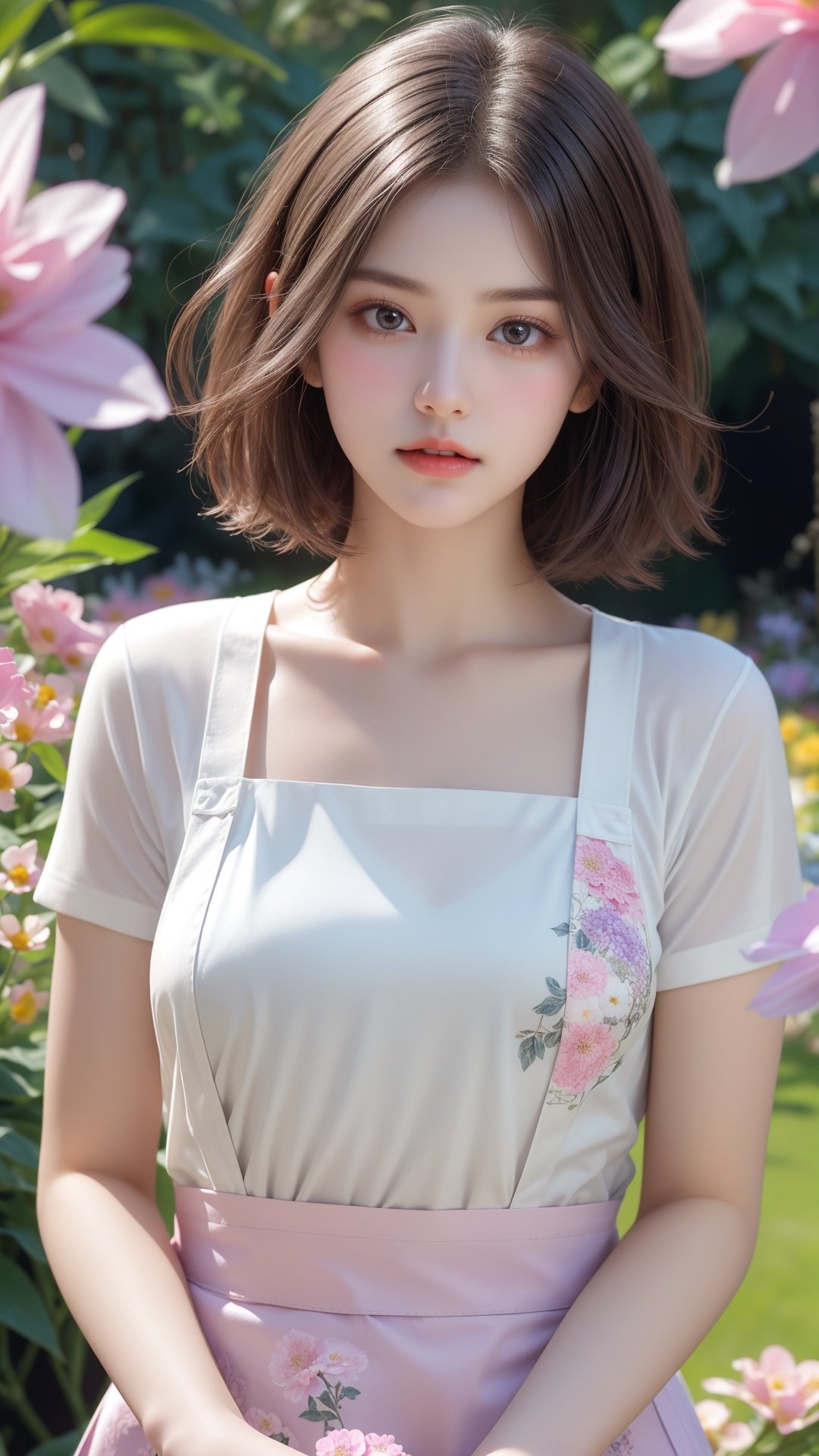 Garden, flowers bloom, A girl, beautiful and perfact face, The scene features soft lighting and bokeh effects, and the characters are rendered in a realistic style with high-quality details against a floral background, flowers bloom, with short hair stood outside, holding flowers, especially purple flowers. She wears a white shirt and pink apron. Natural atmosphere.