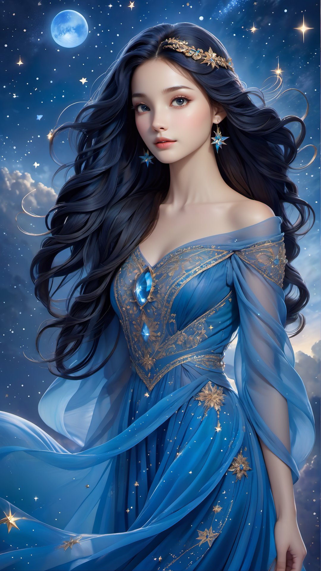 A graceful and enchanting illustration by artist Paola Salome, featuring a young girl adorned in a delicate, intricately-designed dress. The girl has a captivating gaze, and her long, flowing hair is a vibrant shade of blue. A halo of stars surrounds her head, giving the image an ethereal and magical feel. The background is a dreamy, star-filled sky, creating a sense of wonder and enchantment.