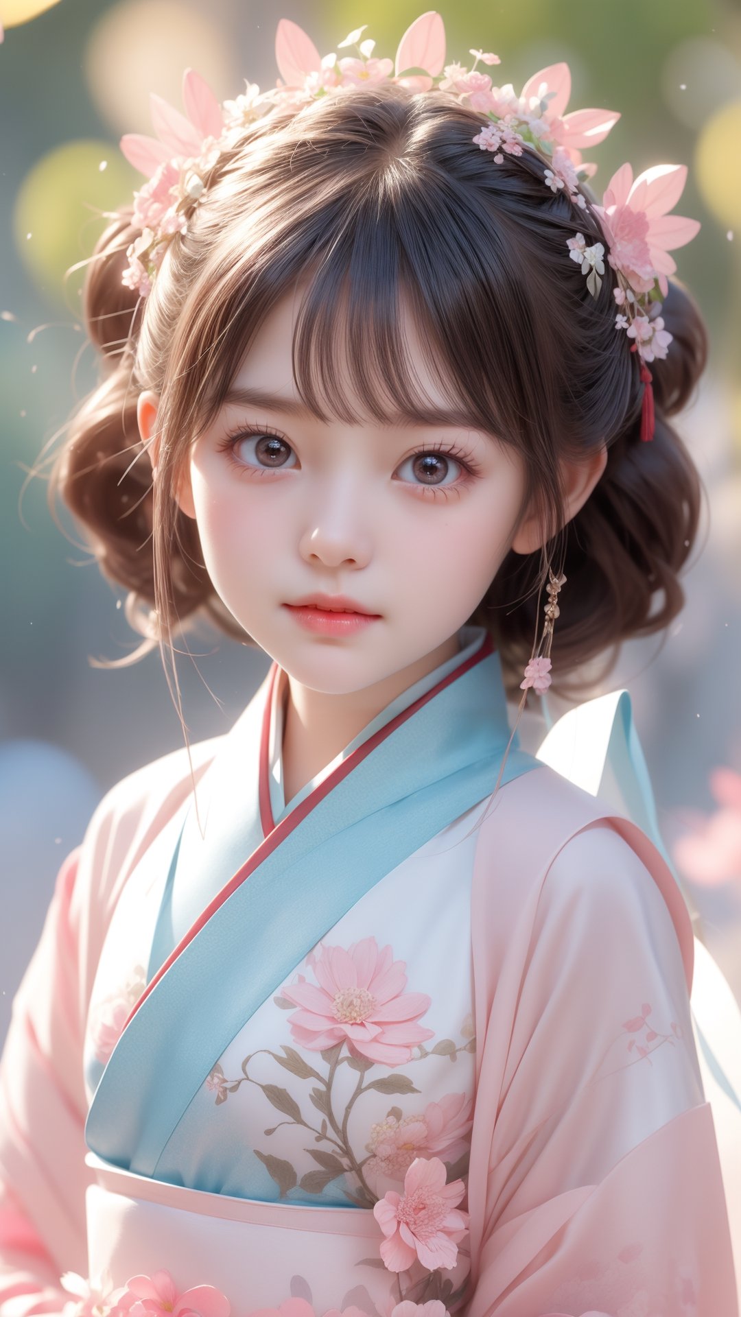 The flowers are blooming, and a five-year-old girl is wearing a light pink Hanfu. She is very cute and has a cute and beautiful round face. Pixar animated movie, flowers bloom bokeh background.