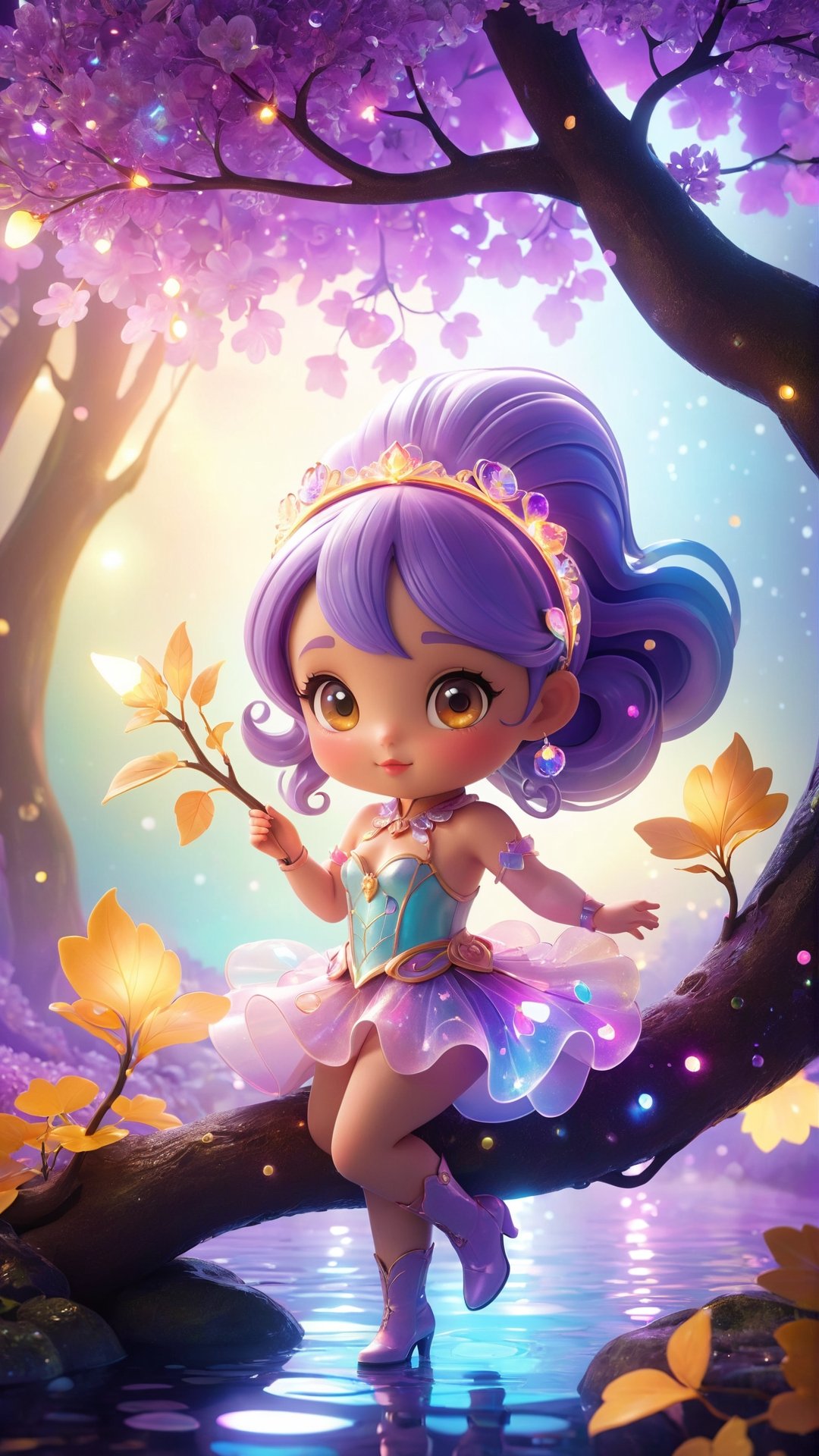 "Chibi" mascots include a cute girl cute 3d cartoon fashionable rainbow Art Nouveau fairytale poster, pin-up cuteness overload night fairytale fantasy pastel Neon Light (lighting/lasers/LEDs/Light Projection/fairy lights) cinematic, 32k, cgsociety, digital art, macrorealism, surreal, storybook illustration, expressive glowing eyes a close up luminous vivid dreamy romantic girl portrait, steampunk, unmaterial, ethereal, dreamlike holding a tree lilac branch, dynamic expressive pose detailed luminous scales, detailed skin texture, transparent body, shadow play, sparks, glittering leaves glowing contoured Burton Craola, Ryden, Ceccoli, octane render dynamic intricated pose, sleek, modern., fairytale, fantasy, by Andy Kehoe, artistic water drops on petals, detailed petals texture, dynamic pose, tender, soft pastel colors, octane render, beautiful, tiny detailed