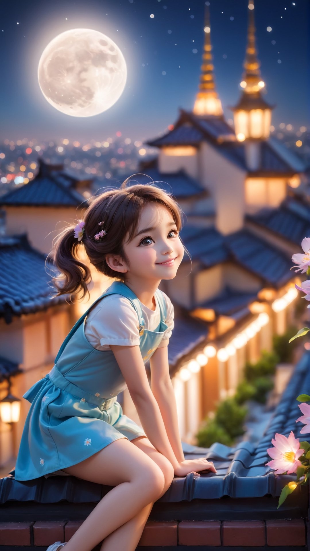 https://s.mj.run/ScKtPHY5ybo Side view shot, full body, Night style, moon, a cute little girl clear details and charming eyes lying on the roof looking forward city lighting, smiling happily and enjoy the best moment, depth of field, flowers blooming fantastic romantic bokeh background ,portraitart,xxmix_girl,Anime 