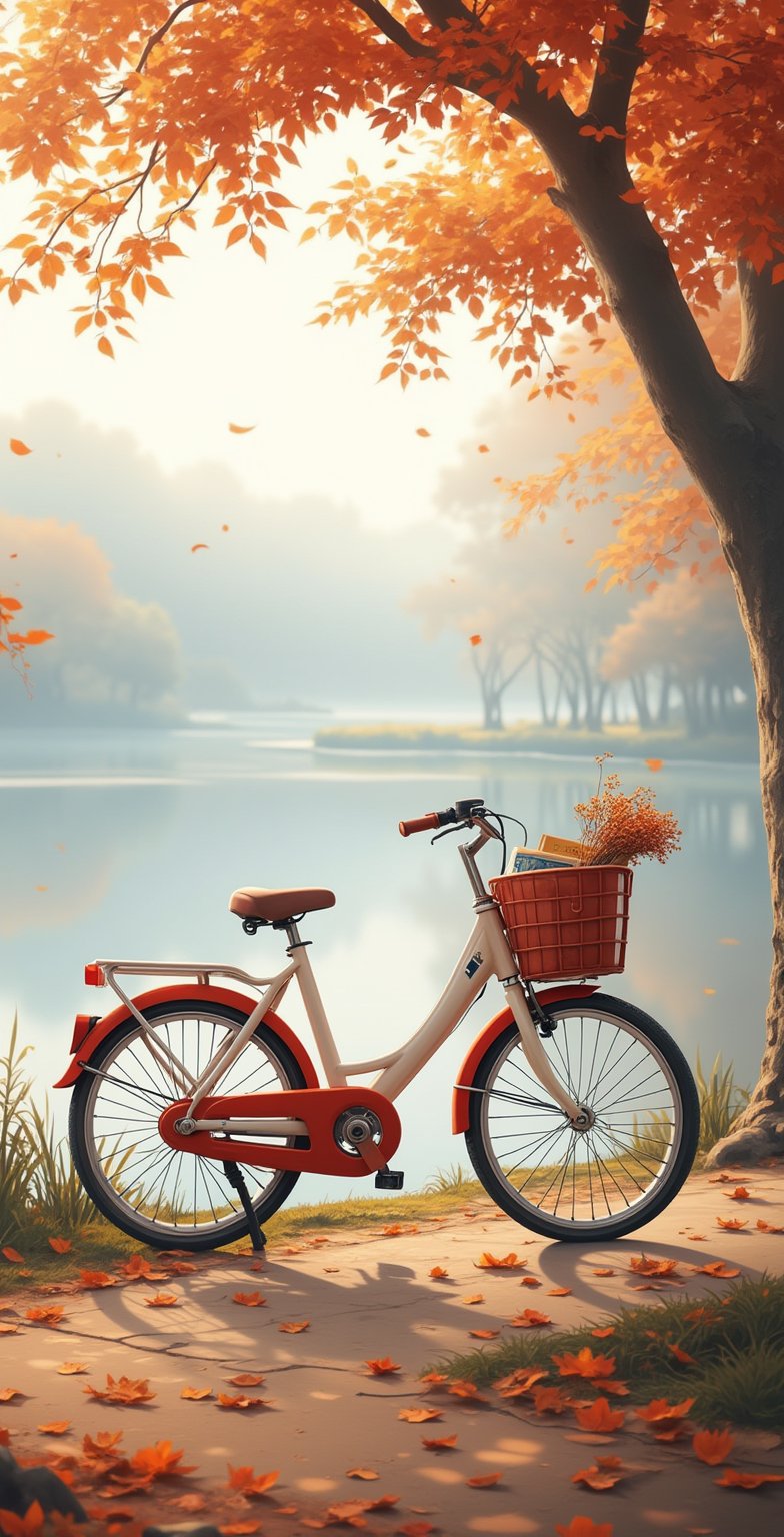 Photographs by master photographers,A serene autumn morning by the lake, with a white and red bicycle parked on a path, soft mist rising from the lake, golden and red leaves scattered around, the bicycle's basket holds a cozy blanket, a book, and a bunch of dry flowers, the morning sunlight gently filters through the mist, creating a peaceful and poetic atmosphere ,highly detailed,high-definition details, exquisite illustrations.