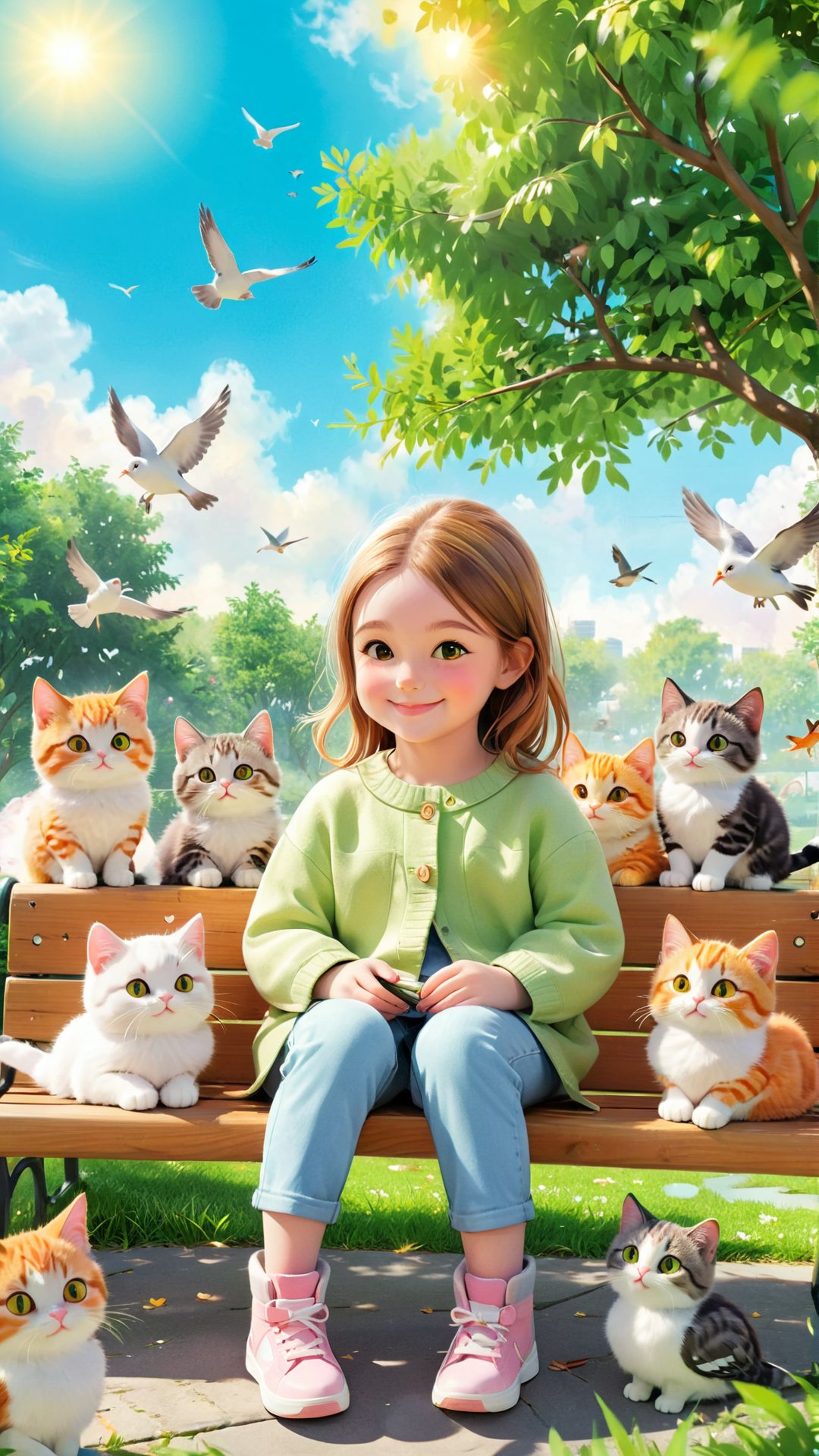 A charming illustration of a cute adorable little girl sitting on a park bench, surrounded by her adorable feline companions. Each cat has a unique color and marking, and they're all cuddling up to their owner, who is smiling lovingly at them. The background is a lush green park with a sunny sky and a few birds flying overhead. The overall atmosphere of the image is warm, cozy, and full of love.