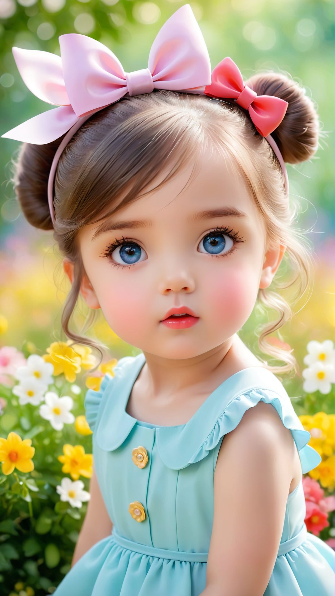 A beautiful adorable girl, With a bow tied on her head, beautiful eyes, and a cute little pout, she is playful and charming.lovely portrait photography, flowers bloom bokeh background, depth of field.