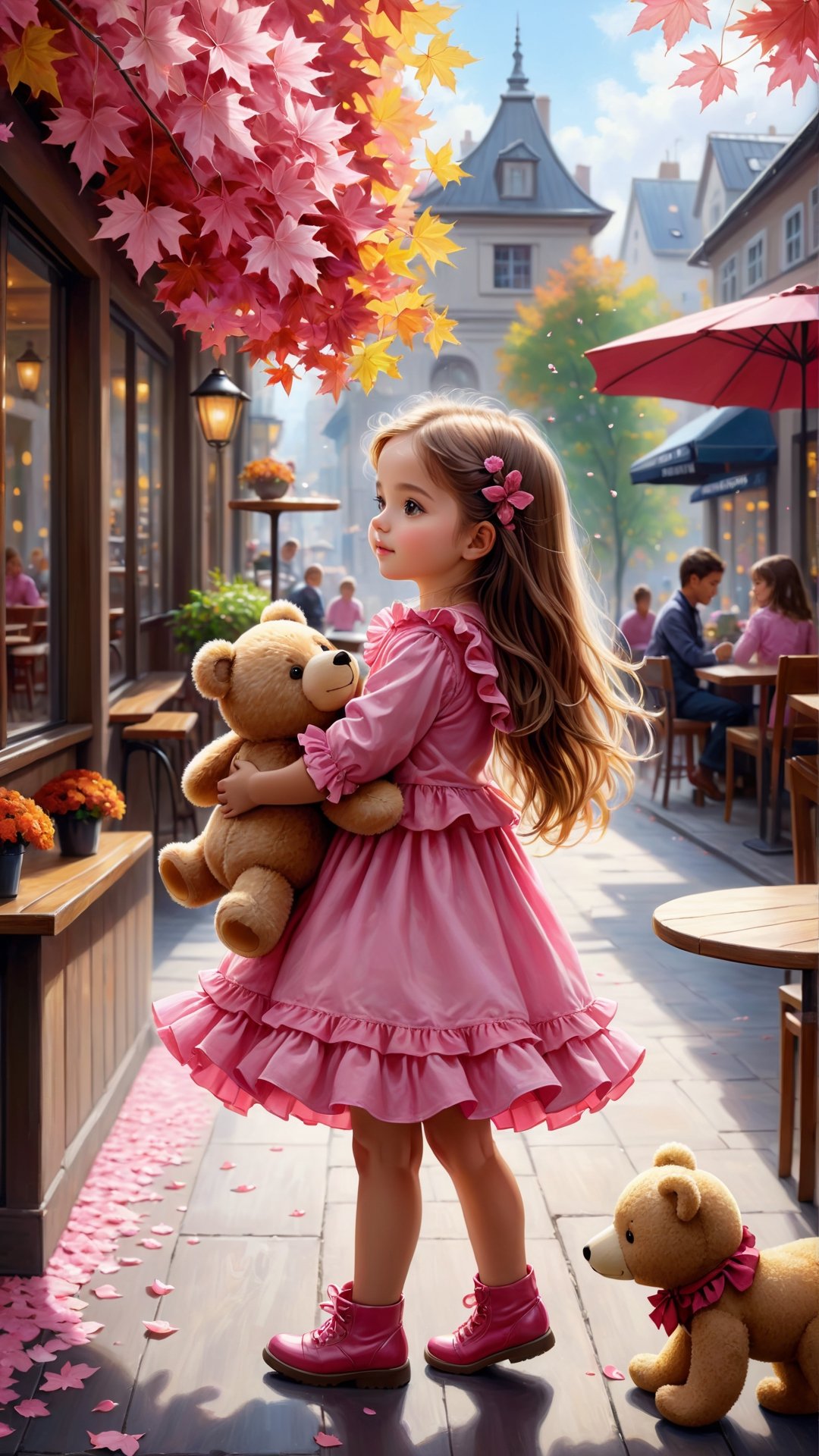 ((masterpiece), (best quality), (highly detailed)), Side view shot, Autumn style, flowers blooming, maple leaves falling, pink flower petals falling too, full body, A cute little girl with long hair wearing bright pink colour Ruffles shirt in the out door café hug a teddy bear is the subject of this beautiful painting. The artist has created a realistic and detailed portrayal of a cute girl, showcasing their expertise in 4K digital art. The painting captures the essence of the little girl's features, bringing them to life with stunning realism. The use of oil adds to the beauty and richness of the portrait, making it a magnificent and visually captivating piece. This realistic and detailed oil painting is truly a work of art. flowers blooming and lighting bokeh as background