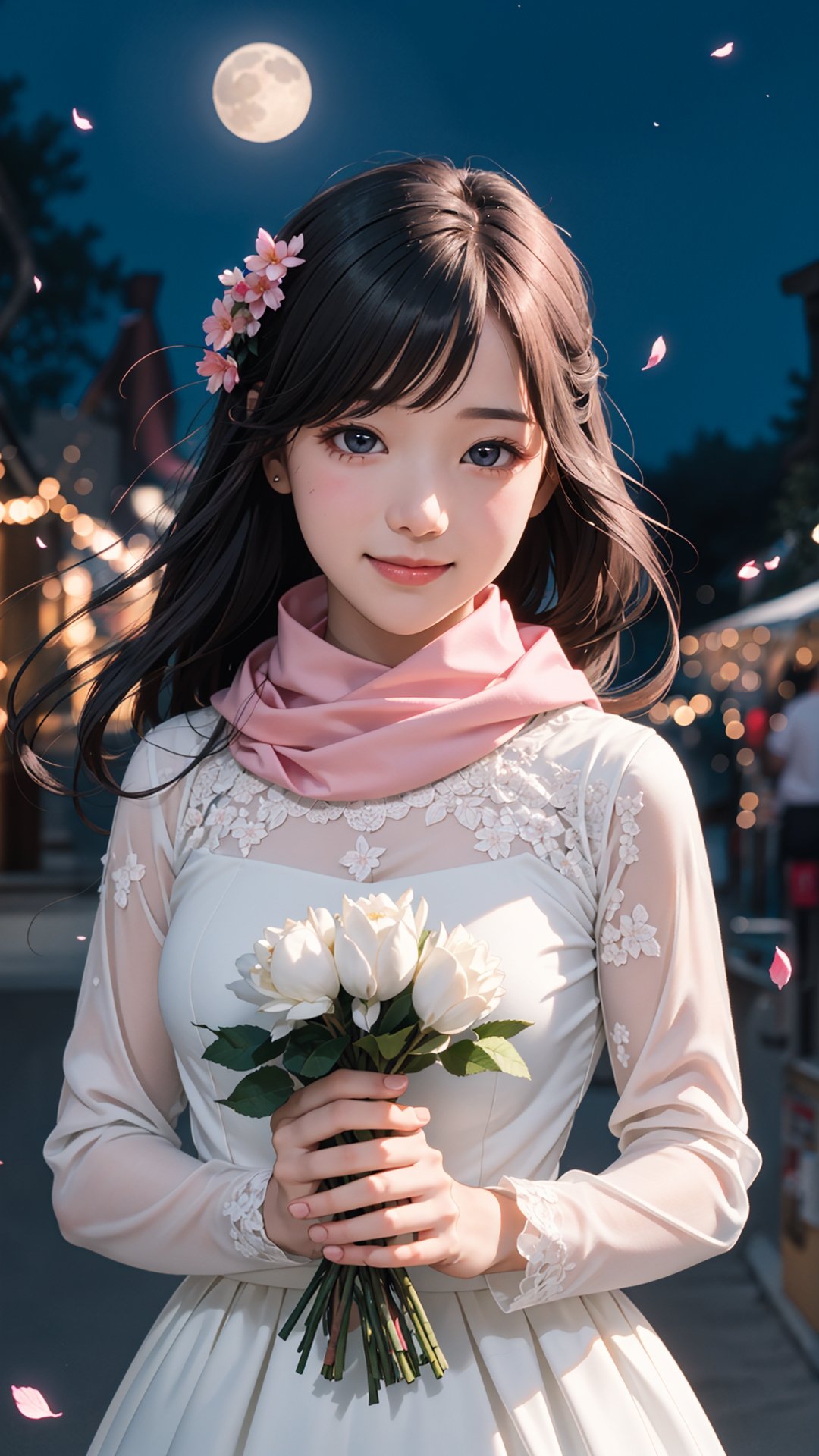 (best quality, masterpiece:1.2),ultra detailed,(photo realistic:1.4), Autumn style, solo, lovely and cute little girl, big eyes so chaiming, smile and happy, lace long sleeves pink dress, and wearing pink scarf, night , moon lighting soft and romantic , flowers petals falling, so romantic, beautiful village, flowers blooming fantastic amazing tale on the village bank, and blurry_light_background, perfect beautiful portrait photography realistic high quality , flowers blooming, fantastic and dreamy and beautiful images 