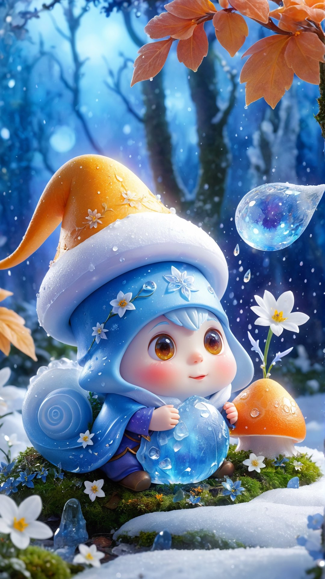 A wizard and his familiar, which is a magical ice snail with white skin and glowing blue crystalline shell, fantasy, snow, ice, flowers bloom and lights soft, digital art, a diminutive gently crying little wizard with curled pointy hat with tears as big as dew drops sitting in the rain on a leaf covered by moss, snowy forest background, tiny flowers, sparkling with frosty snow dew and snow drops, red orange and yellow colors through dappled sunlight,perfecteyes eyes