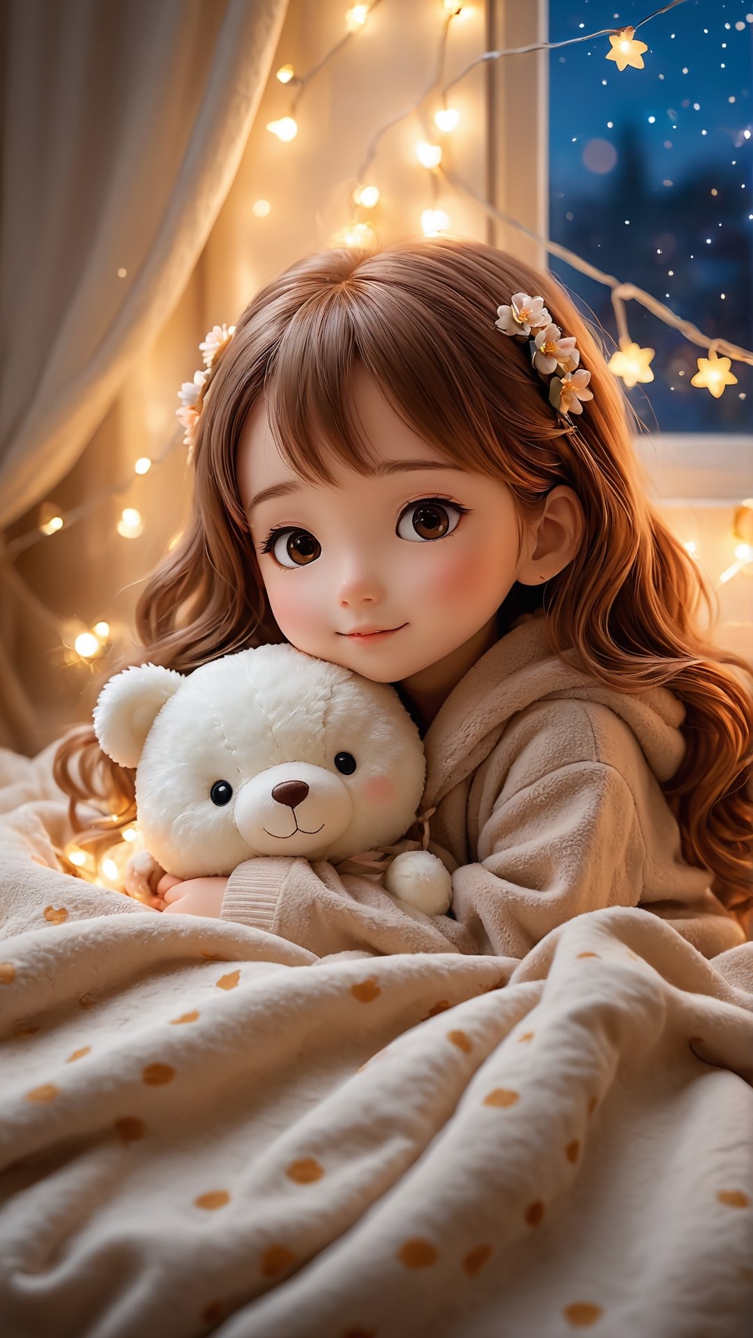 Flowers blooming, Autumn style, ((full body)), cute little girl sleeping comfortably on a bed, covered with a blanket, stuffed animal, string lights on the wall, window, cozy and comforting atmosphere, nighttime, wonder, pixiv, happiness and enjoyment, depth of field, illuminated bokeh background.