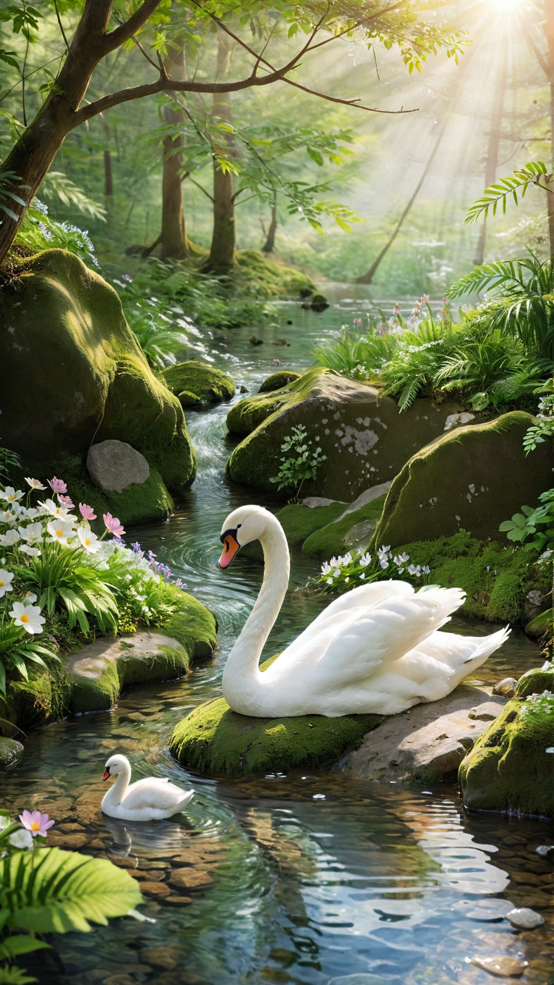 A small natural rock waterfall, tumbling into a brook that winds it's way into the forest.a beautiful adorable Swan in water, photo, cinematic, wildlife photography
A stunning cinematic wildlife photograph capturing a pristine natural scene. A small, picturesque rock waterfall cascades into a winding brook that meanders gracefully through the dense forest. The crystal-clear water shimmers under the soft sunlight, and the lush greenery creates a serene atmosphere. A beautiful, adorable swan glides gracefully across the water, its elegant neck curved in a swan dive, while the surrounding flora and fauna are in perfect harmony., wild flowers bloom and so colourful and beautiful, cinematic, photo, wildlife photography