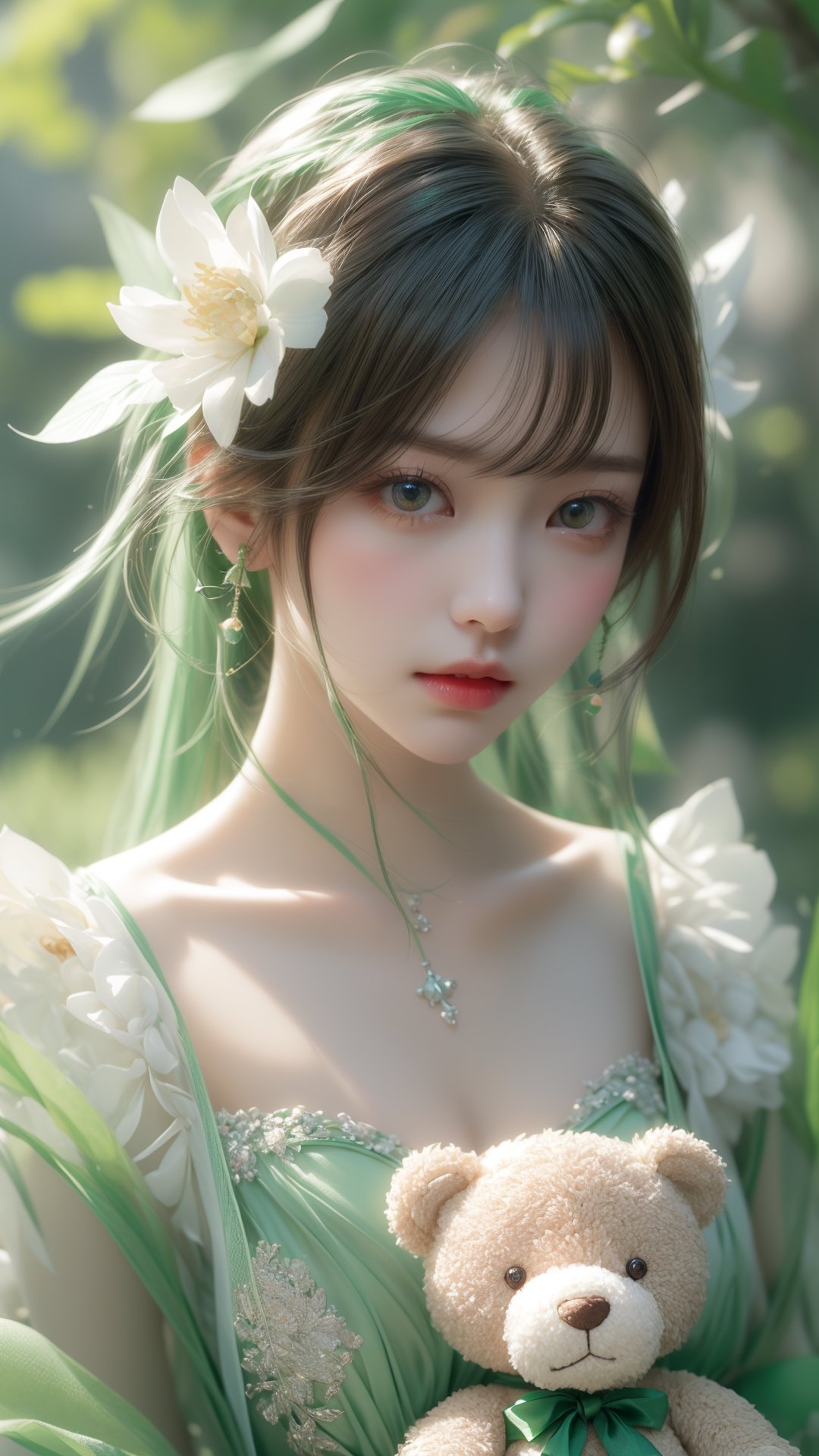 Flowers blooming fantastic amazing style, Ipad wallpaper white and 4 brown teddy bears sitting, in the style of whimsical anime, green and emerald, i can't believe how beautiful this is, dreamlike naturaleza, oshare kei, balance, charming realism, depth of field