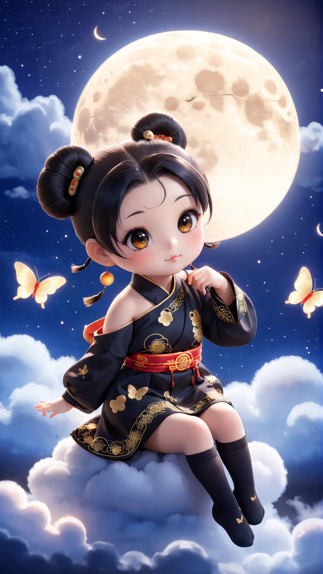 1girl, solo, black hair, hair ornament, brown eyes, sitting, sky, socks, cloud, hair bun, chibi, black eyes, double bun, night, chinese clothes, moon, bug, butterfly, night sky, full moon