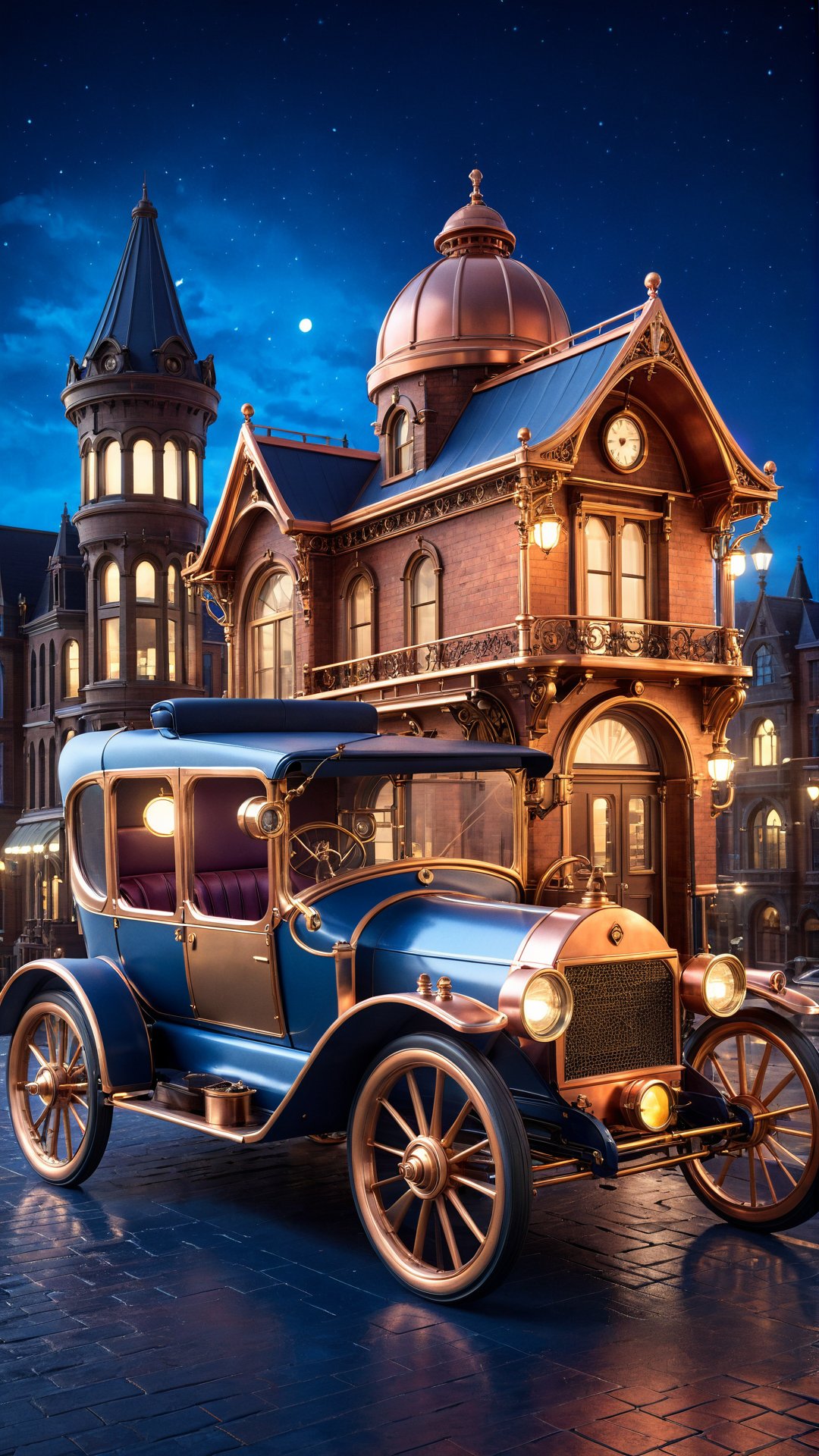 Create a high-resolution digital image of a steampunk vehicle in a Victorian-era city at night. The vehicle should combine elements of a Victorian carriage and a vintage automobile, with intricate brass and copper details. The scene should be illuminated by warm streetlights and building windows, with cool blue and dark tones in the background. Ensure the vehicle is sharply detailed, with the background buildings softly blurred for depth