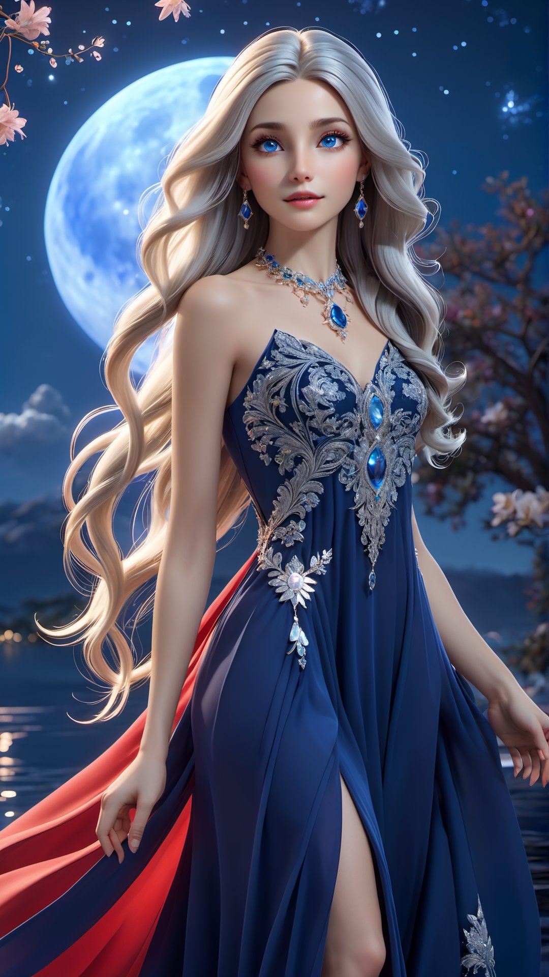 A stunning 3D render of the character Lilia, a graceful and mysterious woman. Lilia has long, flowing silver hair and enchanting deep blue eyes. She is adorned with elegant jewelry and a flowing, ethereal red dress that shimmers like the night sky. The background shows a serene night scene with a full moon, a calm lake, and a starry sky above. The overall atmosphere is magical and captivating, as if Lilia herself embodies the essence of a celestial being., photo, 3d render