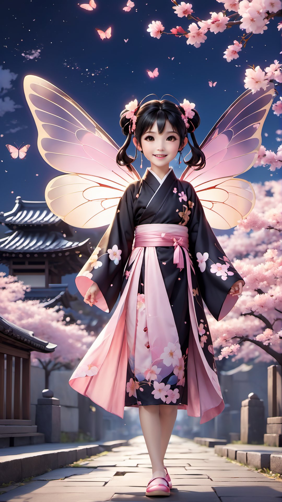 1girl, solo, smile, open mouth, black hair, hair ornament, long sleeves, twintails, full body, outdoors, japanese clothes, wings, sky, shoes, kimono, blurry, black eyes, tree, sash, night, obi, bug, short twintails, cherry blossoms, butterfly, child, star \(sky\), night sky, flying, pink footwear, fairy wings, female child, fairy, black kimono, architecture, east asian architecture, butterfly wings