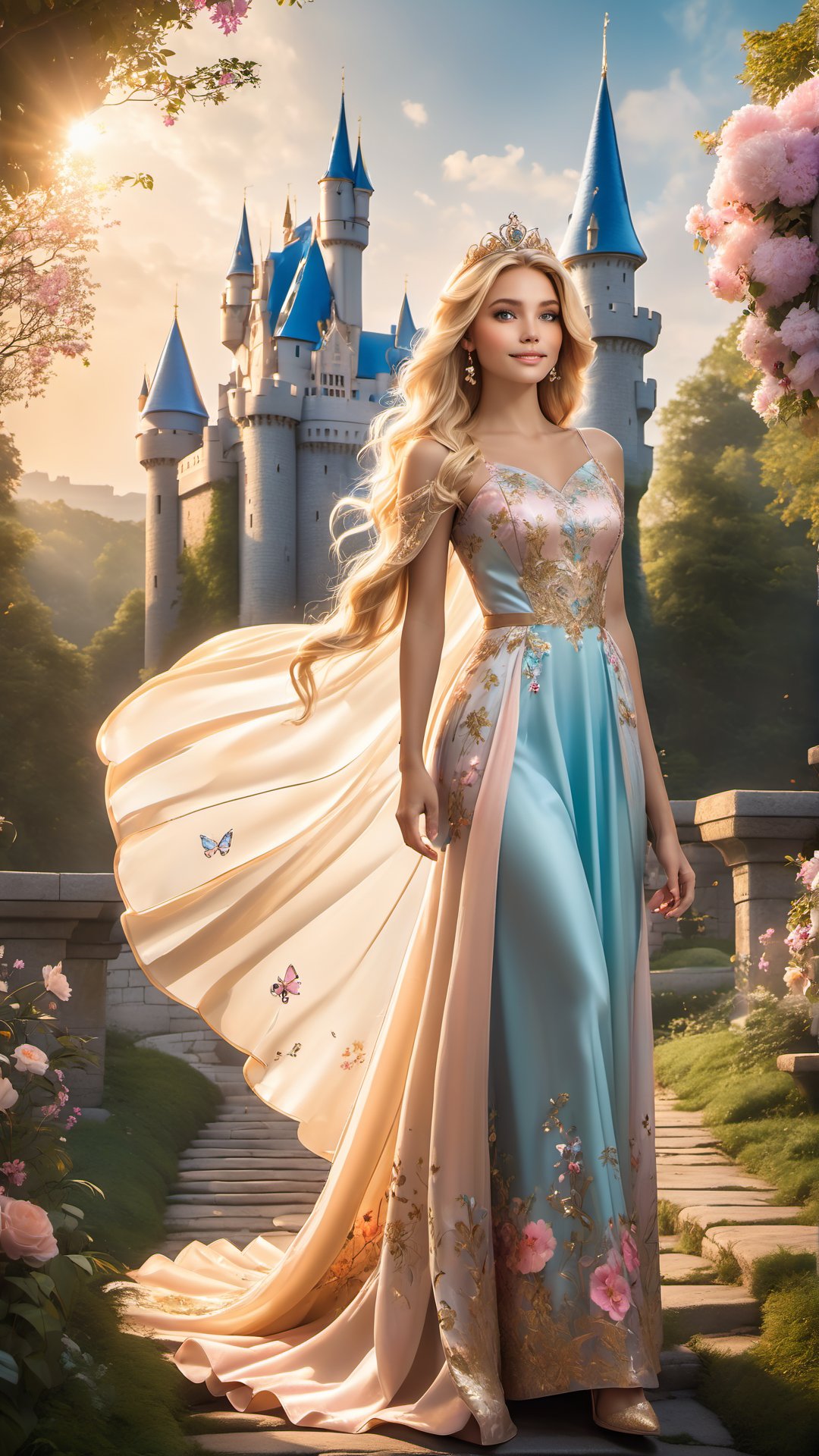 A captivating cinematic portrait of a young woman gracefully embodying a whimsical princess. Her cascading blonde hair frames her face as she playfully gazes at the viewer. She dons a stunning pastel dress adorned with delicate floral patterns and a fluttering train. The background reveals a majestic castle with towering spires, bathed in warm, golden light. The castle is encircled by a lush, enchanting forest, where sunlight dapples through the canopy, creating a dreamy atmosphere. The overall scene is transportive, immersing the viewer in a world of magic and wonder., architecture, photo, cinematic, fashion, product