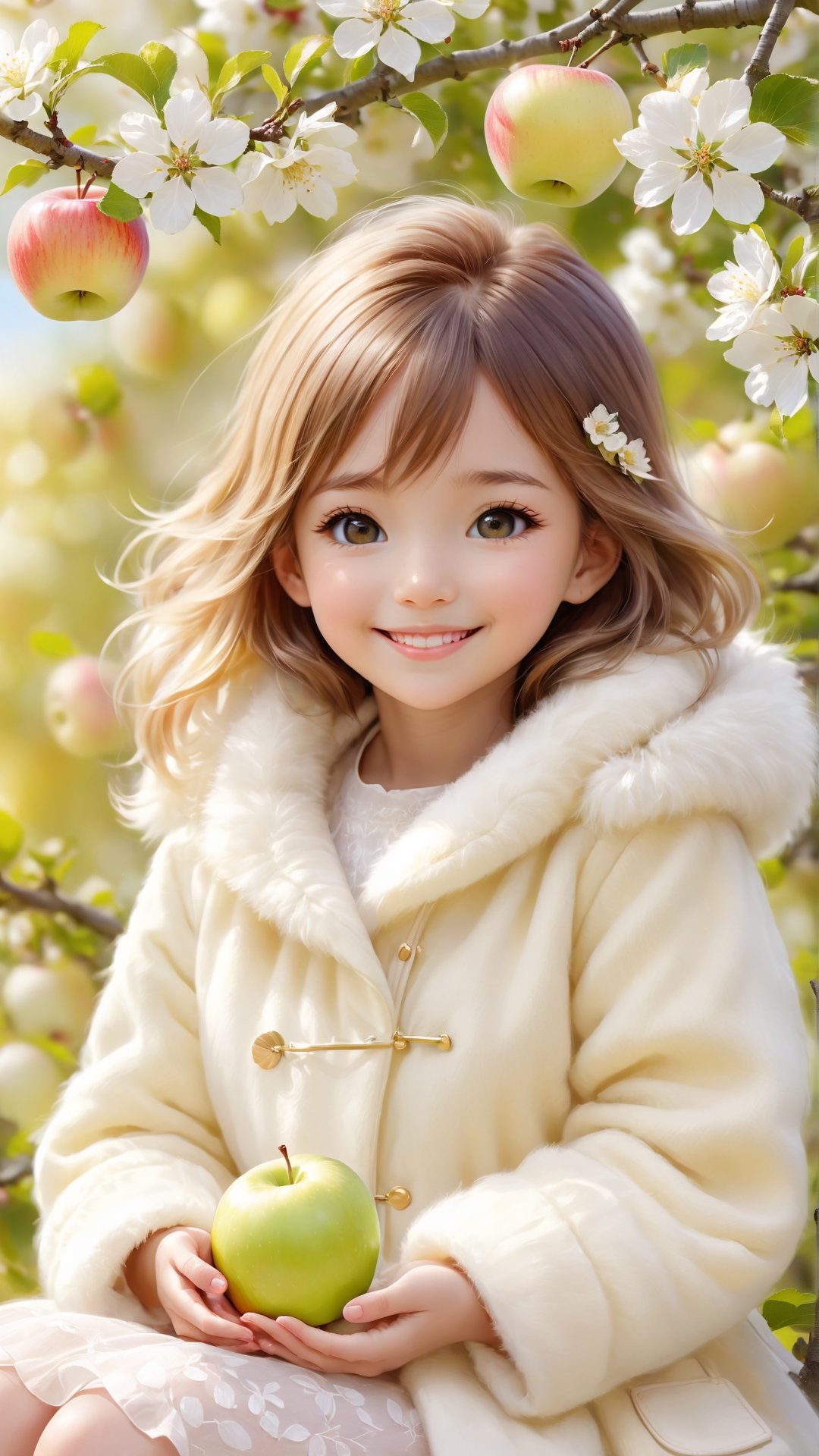 Side view shot, full body, Morning style, sunshine, apple tree, apples full bloom, a cute little girl clear details and charming eyes and wearing light yellow and white fluffy coat sitting on the brunch looking forward apples, smile happily and enjoy the best moment, depth of field, flowers blooming fantastic romantic bokeh background ,portraitart,xxmix_girl,Anime 