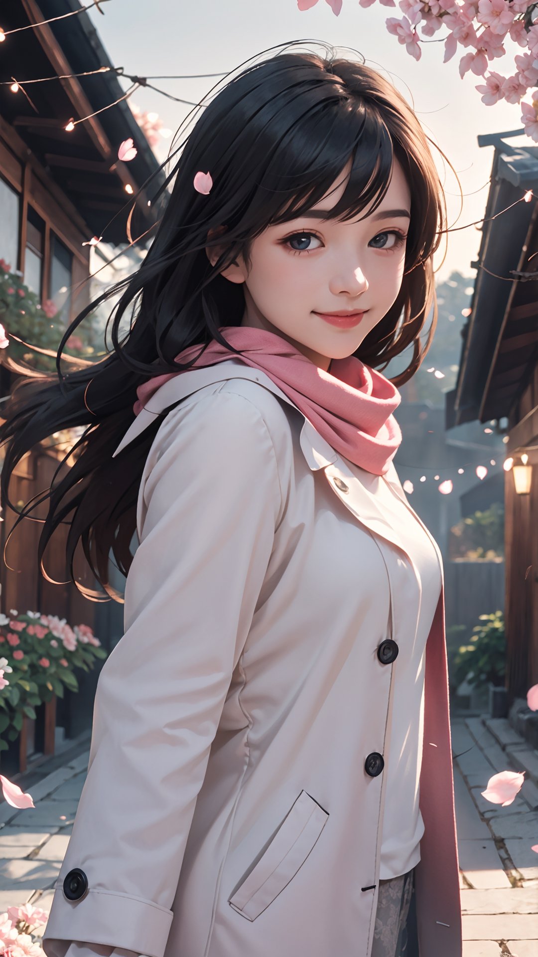 (best quality, masterpiece:1.2),ultra detailed,(photo realistic:1.4), Autumn style, solo, night, lovely and cute little girl, big eyes so chaiming, smile and happy, lace long sleeves and pink coat, and wearing pink scarf, She walking on the beautiful village bank near the river, the flowers petals and maple leaf falling, lamps lighting soft and romantic , flowers blooming, flowers petals falling, so romantic, beautiful village, flowers blooming fantastic amazing tale on the village bank, and blurry_light_background, perfect beautiful portrait photography realistic high quality , flowers blooming, fantastic and dreamy and beautiful images , soft light from the lamps and village house lights 