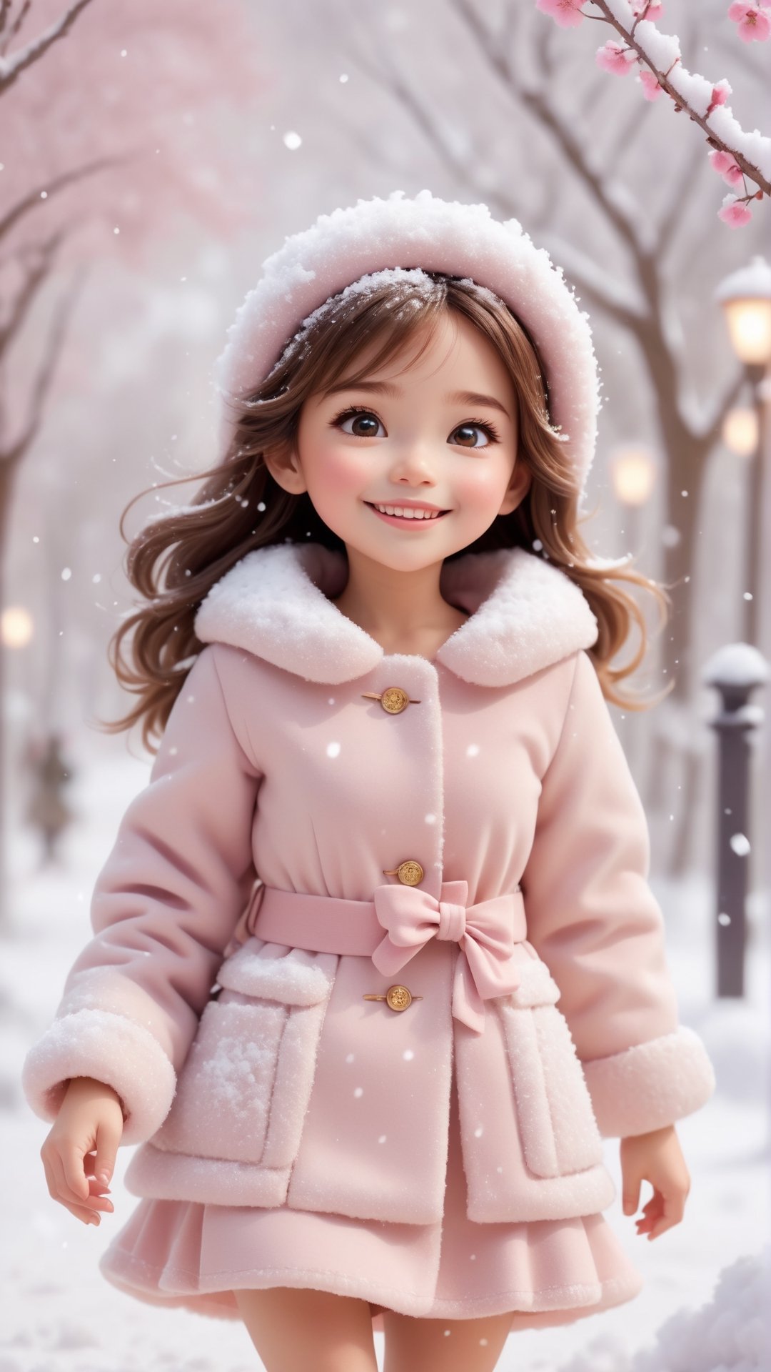 Pixar anime movie scene style, dreamy and fantastic, Snow falling, a digitally created picture of a little girls wearing pink fluffy dress and coat, in the style of soft, dream-like quality, oshare kei, dark beige, barbiecore, lovely, shiny eyes, laughing and happy, snowing, flowers blooming bokeh background