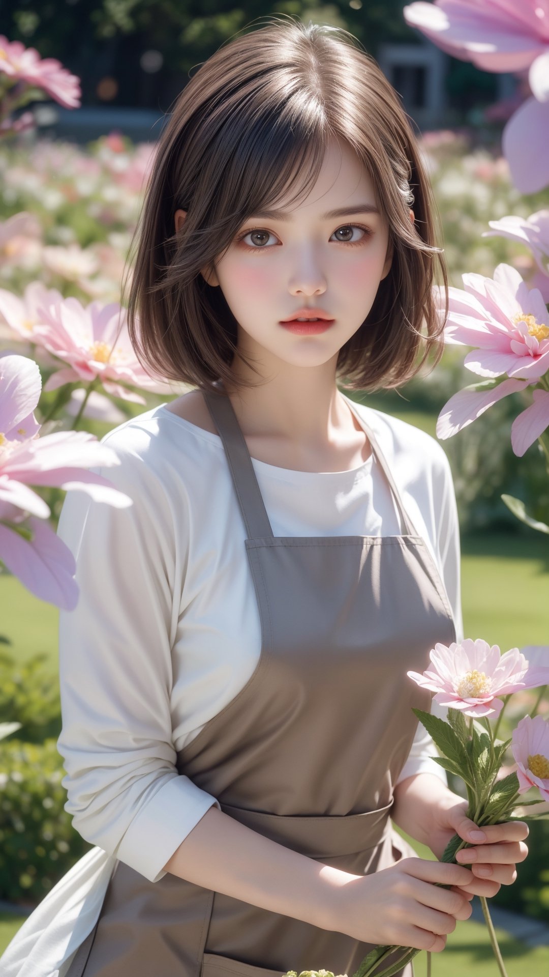 Garden, flowers bloom, A girl, beautiful and perfact face, The scene features soft lighting and bokeh effects, and the characters are rendered in a realistic style with high-quality details against a floral background, flowers bloom, with short hair stood outside, holding flowers, especially purple flowers. She wears a white shirt and pink apron. Natural atmosphere.