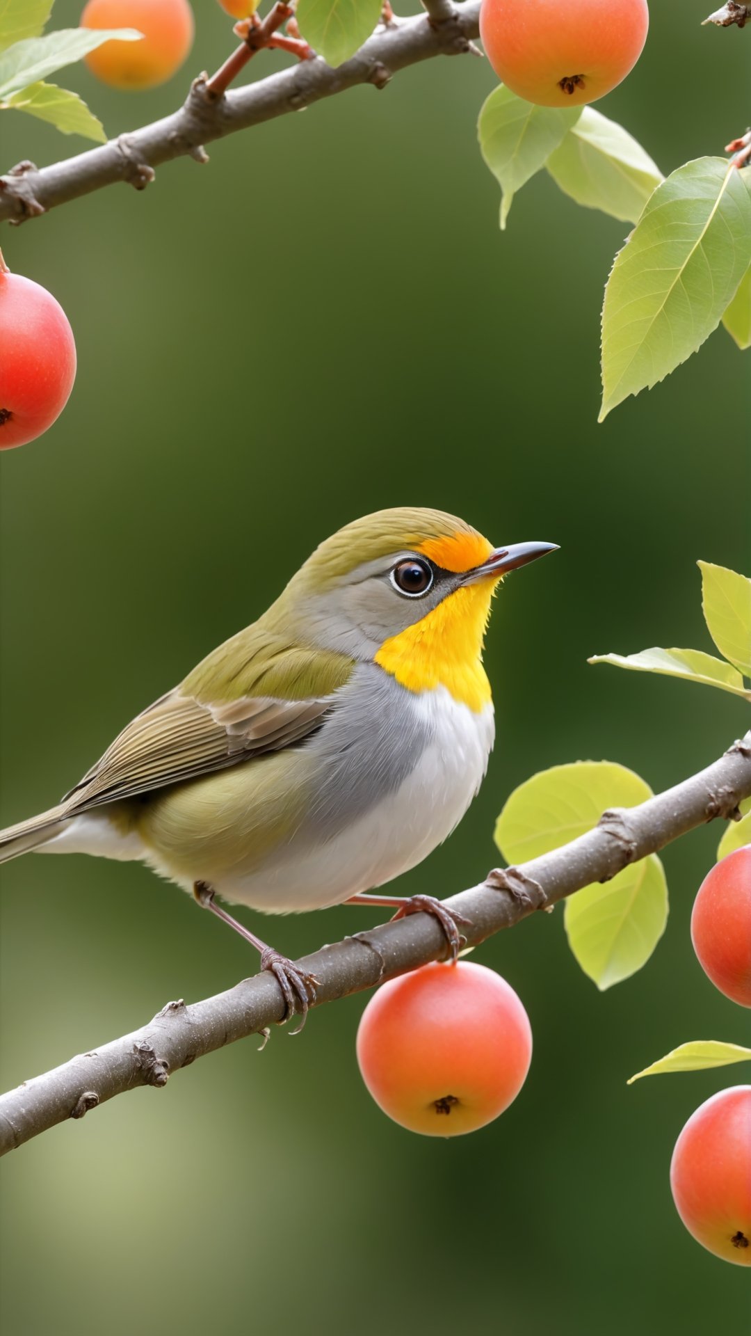 Early morning, An full small small little fruit s tree, a beautiful Japanese white-eyed bird bite a small fruit small in mouth on the branch, and spread wings:: happily flies up::1.5, close-up photography, realistic, high-definition quality, HDR mode, high-definition and beautiful picture highdefinition and beautiful ,depth of field,soft nature light romantically,