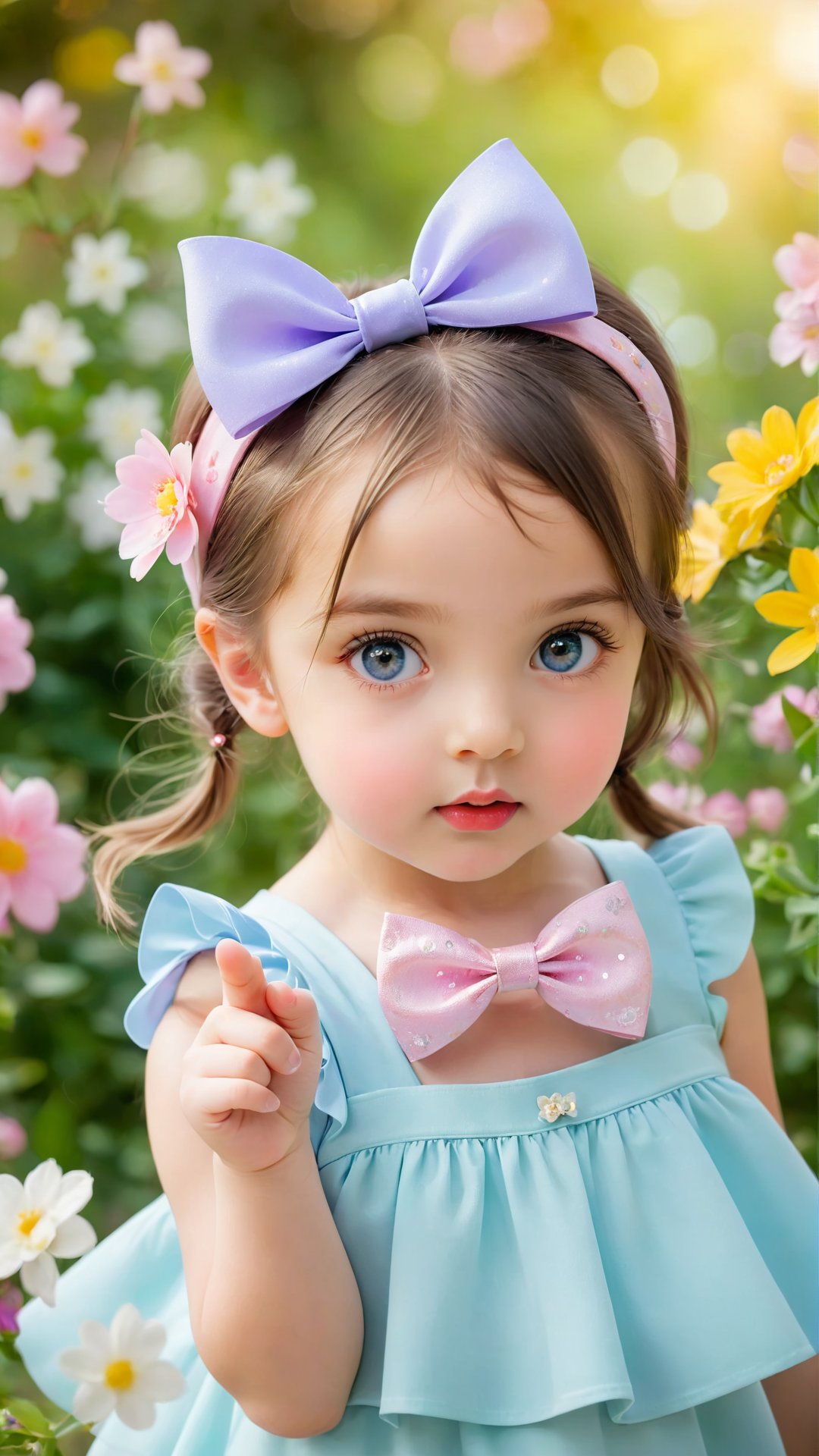 A sweet and endearing young girl with a whimsical bow tied atop her head gazes directly at the camera, her bright and expressive eyes sparkling with playfulness. A gentle pout adorns her face, further emphasizing her charming demeanor as she points a finger at her own face. Framed against a lovely bokeh background of blooming flowers, the subject's face is softly focused, with the blooms subtly blurred in the background, creating a depth of field that draws attention to the girl's captivating features.