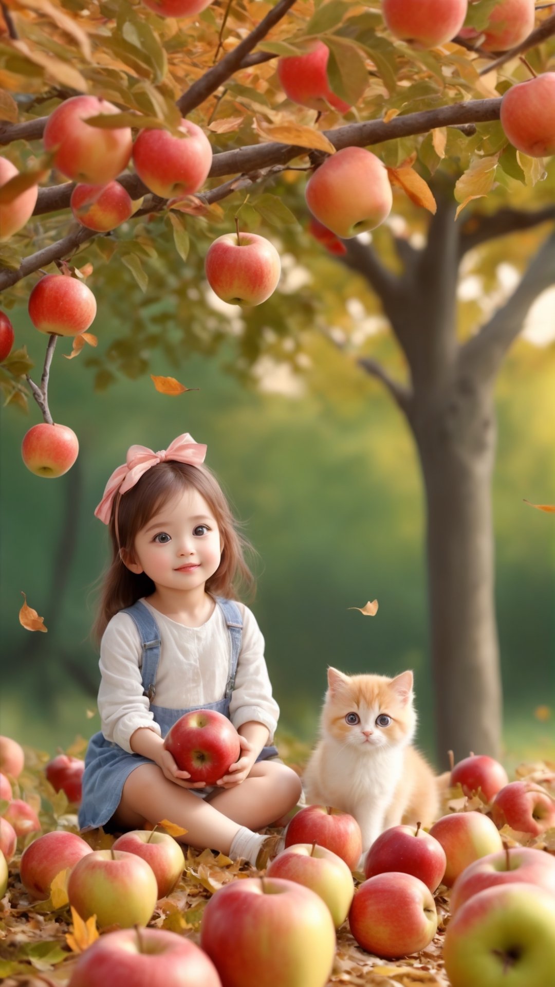  Autumn style, realistic high quality orange tree, apples full the branch, maple leaves falling, Side view shot, Turn around and look ahead, A beautiful big eyes and adorable little girl with two cute little fluffy fat fat kittens walking on the apples tree branch from the treeand road, smiled happily,big eyes so cute and beautiful, under the tree have a table, and apples and beautiful flowers, maple leaves falling, orange near flowers, Turn around and look viewers , pink flowers blooming fantastic amazing and romantic lighting bokeh, pink flowers blooming realistic and green plants amazing tale and lighting as background, Xxmix_Catecat