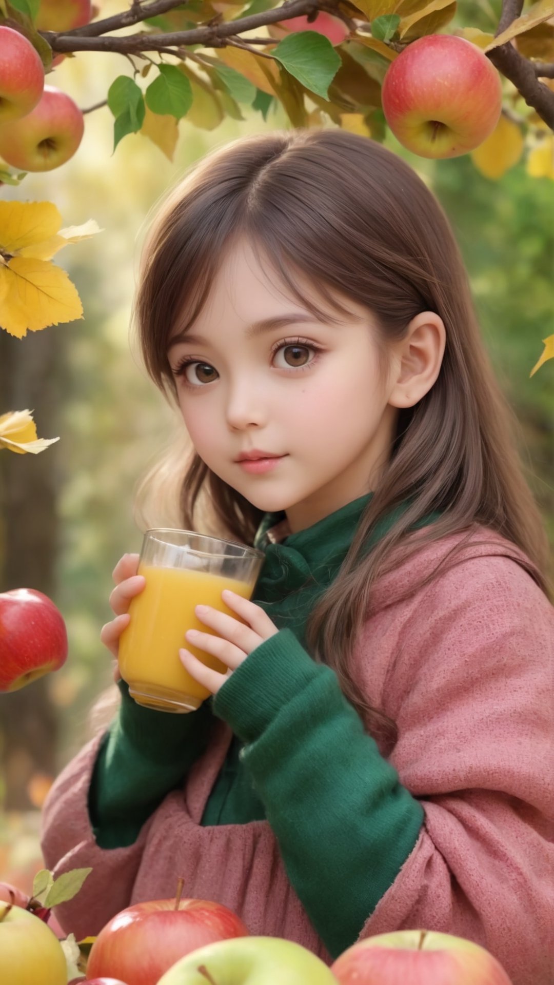 Side view, Autumn style, realistic high quality apple tree, apples full the branch, maple leaves falling, 1girl, big eyes so charming, happy,  under the tree have a table, and apples and beautiful flowers, maple leaves falling, and a adorable lovely cute big charming eyes little girl holding juice 
 near flowers, Turn around and look viewers , pink flowers blooming fantastic amazing and romantic lighting bokeh, yellow flowers blooming realistic and green plants amazing tale and lighting as background, Xxmix_Catecat