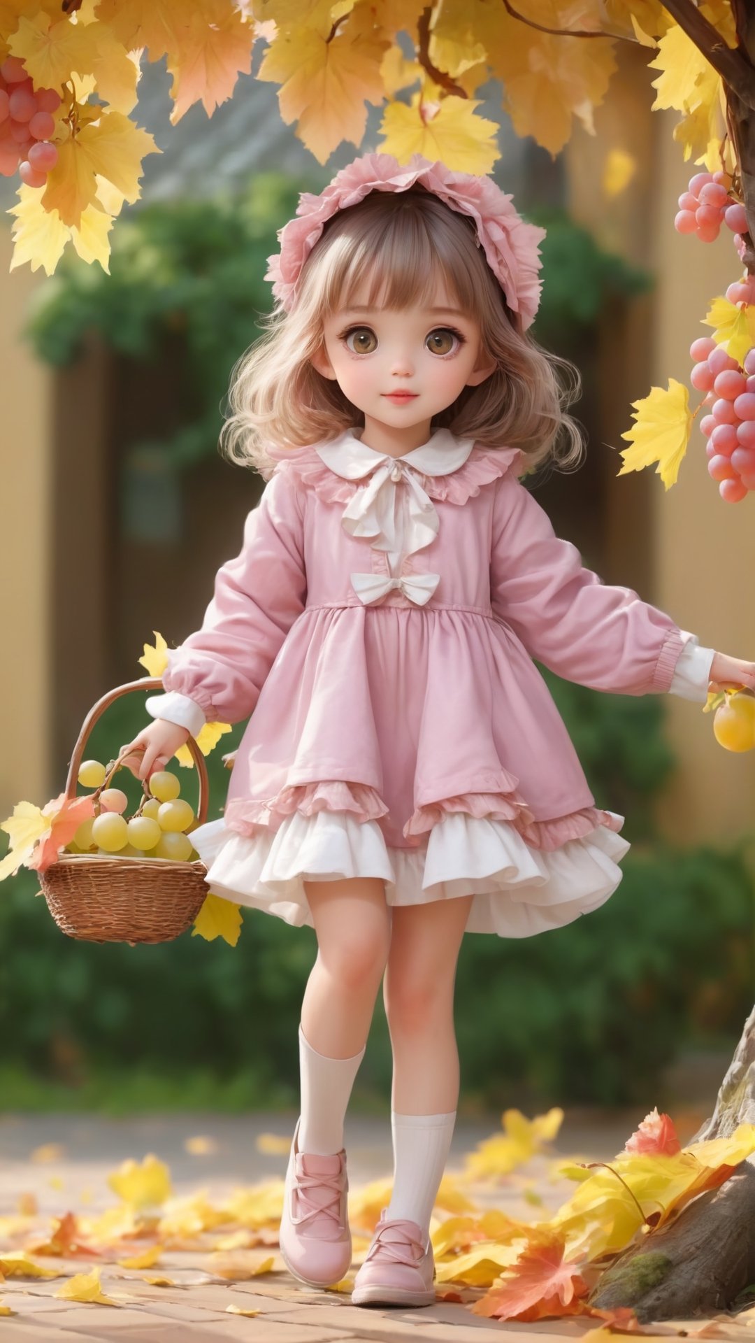 Side view, Autumn style, realistic high quality grapes tree, grapes full the branch, maple leaves falling, 1girl, big eyes so charming, happy,  under the tree have a table, and grape and beautiful flowers, maple leaves falling, and a adorable lovely cute big charming eyes girl wearing pink and white Ruffles dress and coat, holding juice 
 near flowers, Turn around and look viewers , pink flowers blooming fantastic amazing and romantic lighting bokeh, yellow flowers blooming realistic and green plants amazing tale and lighting as background, Xxmix_Catecat