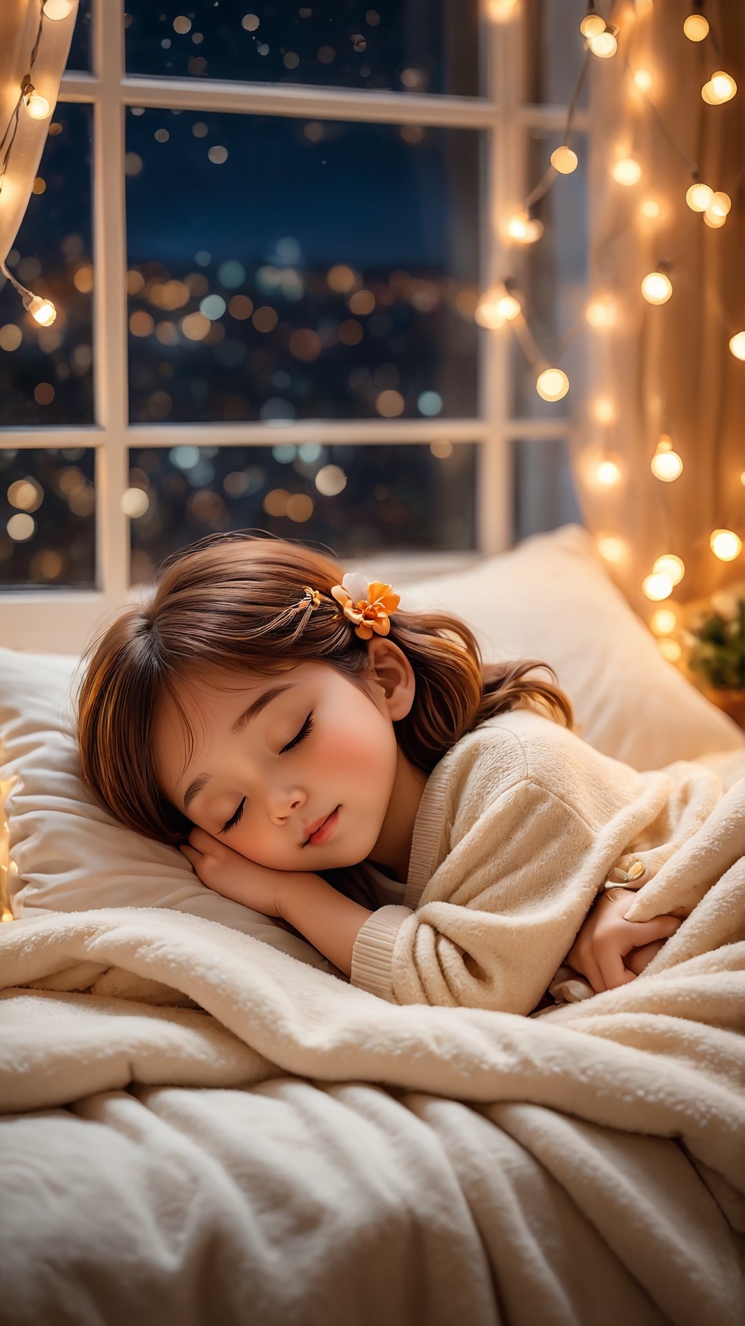 Flowers blooming, Autumn style, ((full body)), cute little girl sleeping comfortably on a bed, covered with a blanket, stuffed animal, string lights on the wall, window, cozy and comforting atmosphere, nighttime, wonder, pixiv, happiness and enjoyment, depth of field, illuminated bokeh background.