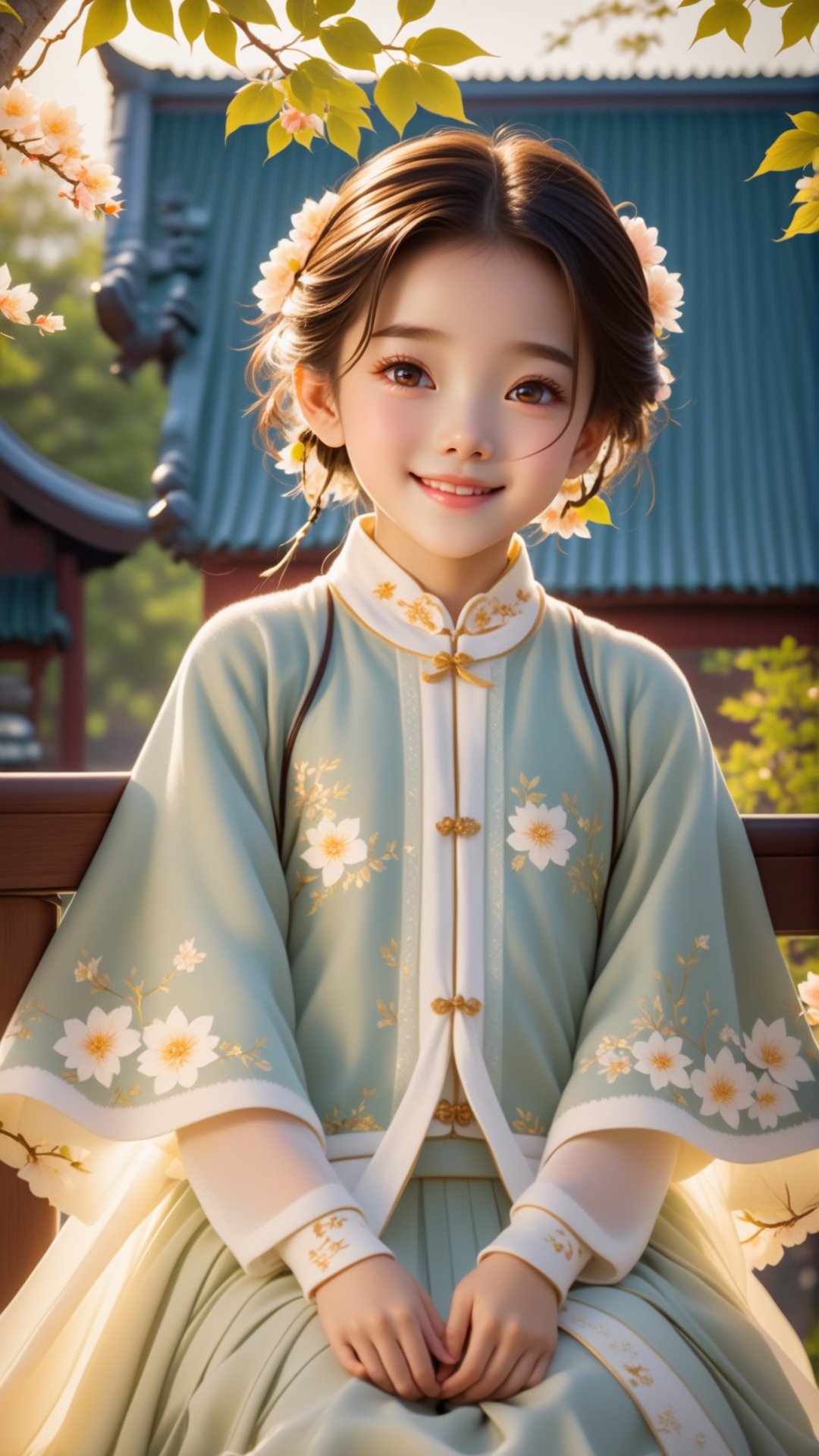 Pixar animated movie scene style, Chinese house style, in the morning light, maple tree bloom, sunray through the leaves, a beautiful and cute little girl with beautiful eyes, sitting on the railing, perfect face, smiling happily, 32k ultra high definition, Pixar movie scene style, realistic high quality Portrait photography, eternal beauty, the lantern behind her emits a soft light, beautiful and dreamy, the flowers are in bloom, and the light bokeh serves as the background.