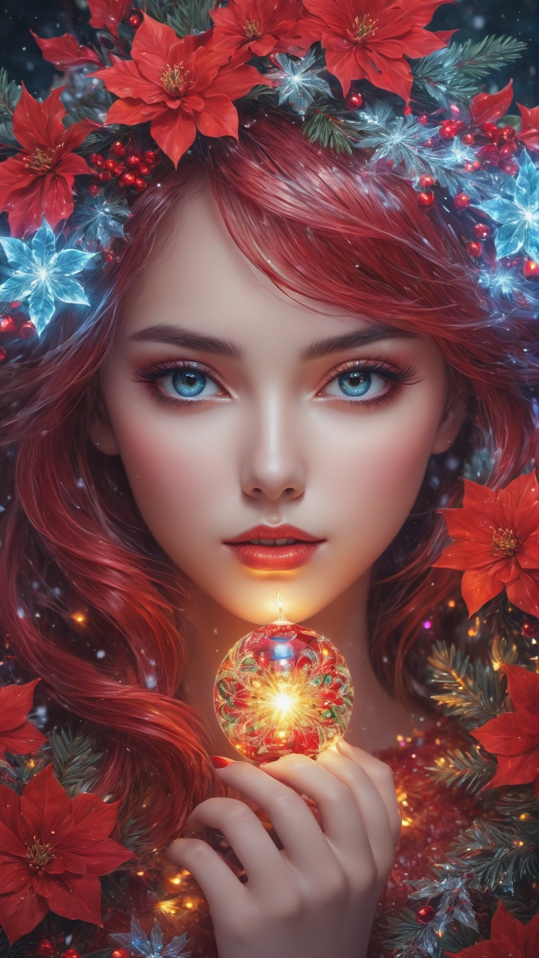 Christmas Style (Masterpiece, Top Quality, Best Quality, Official Art, full body, Beauty and Aesthetics: 1.2), (1girl), Extremely Detailed, (Abstract, Fractal Art: 1.3), Colored Hair, Supreme Detail, Detailed_Eyes, Fire , water, ice, lightning, light particles, Christmas style clothing, Christmas tree, Christmas light bulb string, Christmas red flowers, Christmas gifts, beautiful lines, determined eyes, flowers, delicate face, delicate eyes, brilliant blooming flowers Background with romantic lights