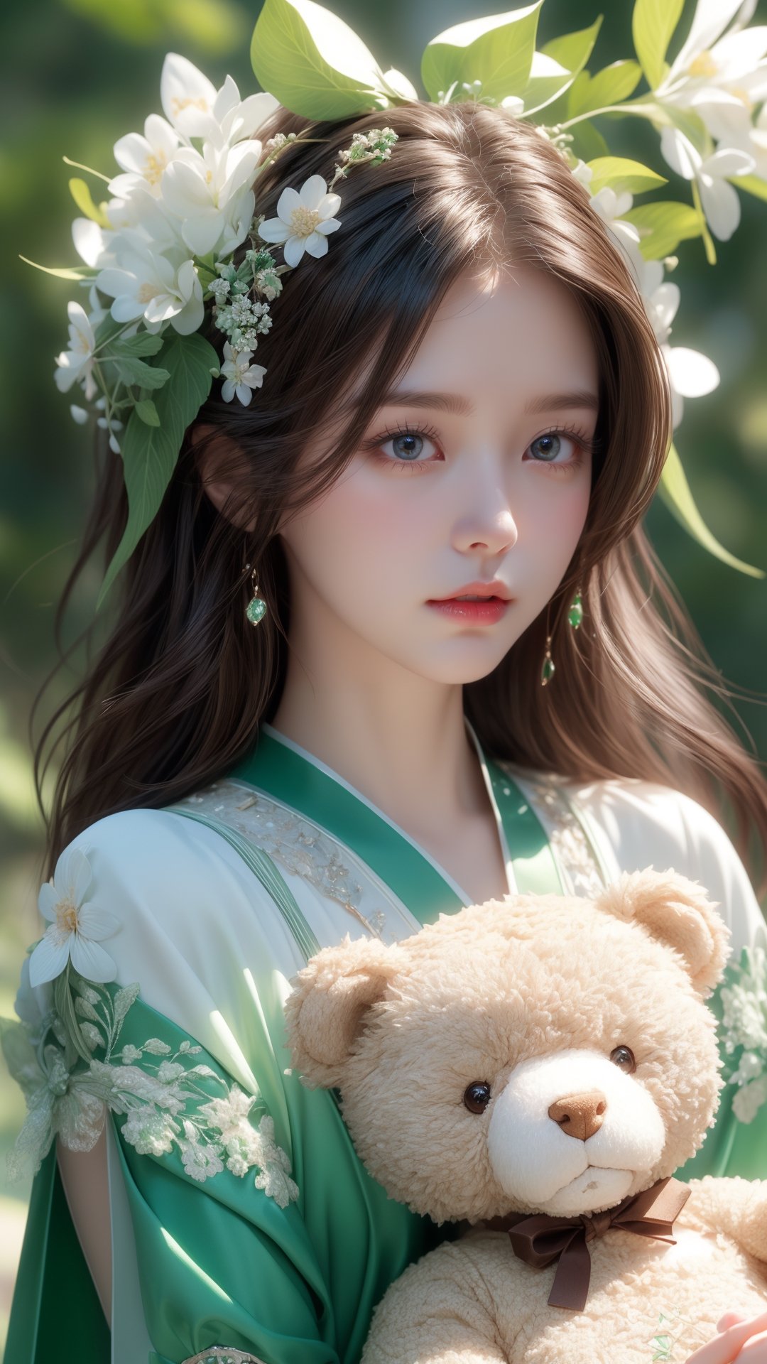 Flowers blooming fantastic amazing style, Ipad wallpaper white and 4 brown teddy bears sitting, in the style of whimsical anime, green and emerald, i can't believe how beautiful this is, dreamlike naturaleza, oshare kei, balance, charming realism, depth of field