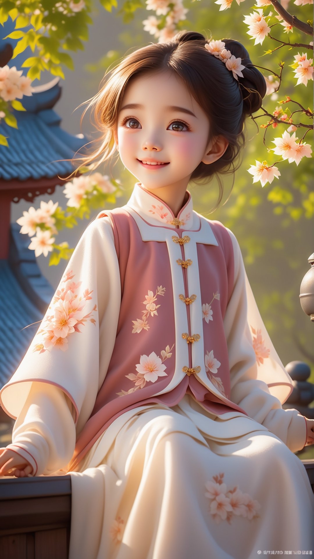 Pixar animated movie scene style, Chinese house style, in the morning light, maple tree bloom, sunray through the leaves, a beautiful and cute little girl with beautiful eyes, sitting on the railing, perfect face, smiling happily, 32k ultra high definition, Pixar movie scene style, realistic high quality Portrait photography, eternal beauty, the lantern behind her emits a soft light, beautiful and dreamy, the flowers are in bloom, and the light bokeh serves as the background.